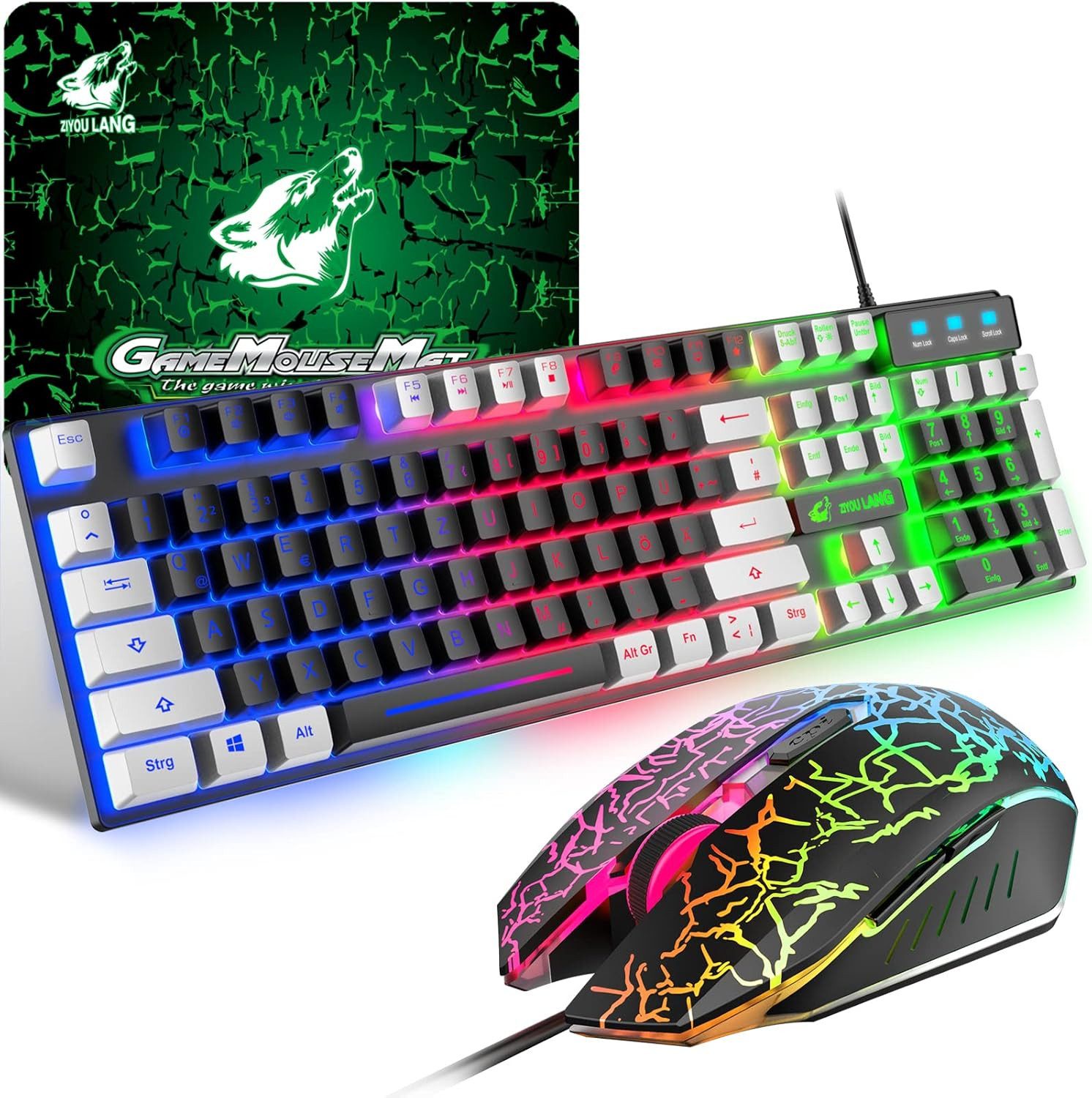 ZIYOU LANG Gaming Farbblock USB Verkabelt Tastatur- und Maus-Set, QWERTZ German Layout Regenbogen LED Hintergrundbeleuchtung