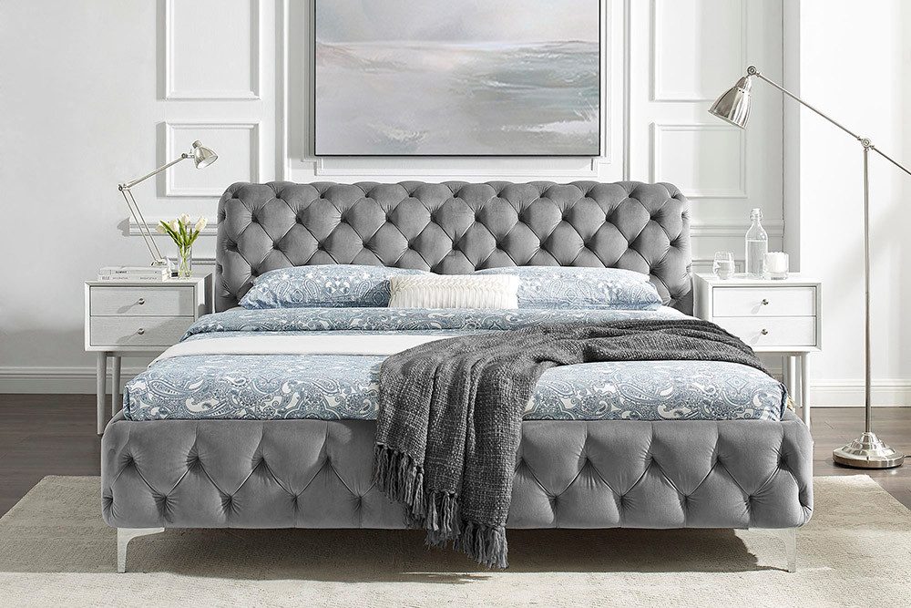 riess-ambiente Polsterbett MODERN BAROCK 180x200cm grau Samt – Barock Stil, Kopfteil, Doppelbett (Einzelartikel, 1-tlg), Chesterfield Design, King-Size-Bett, bequemes Ehebett, Glamour