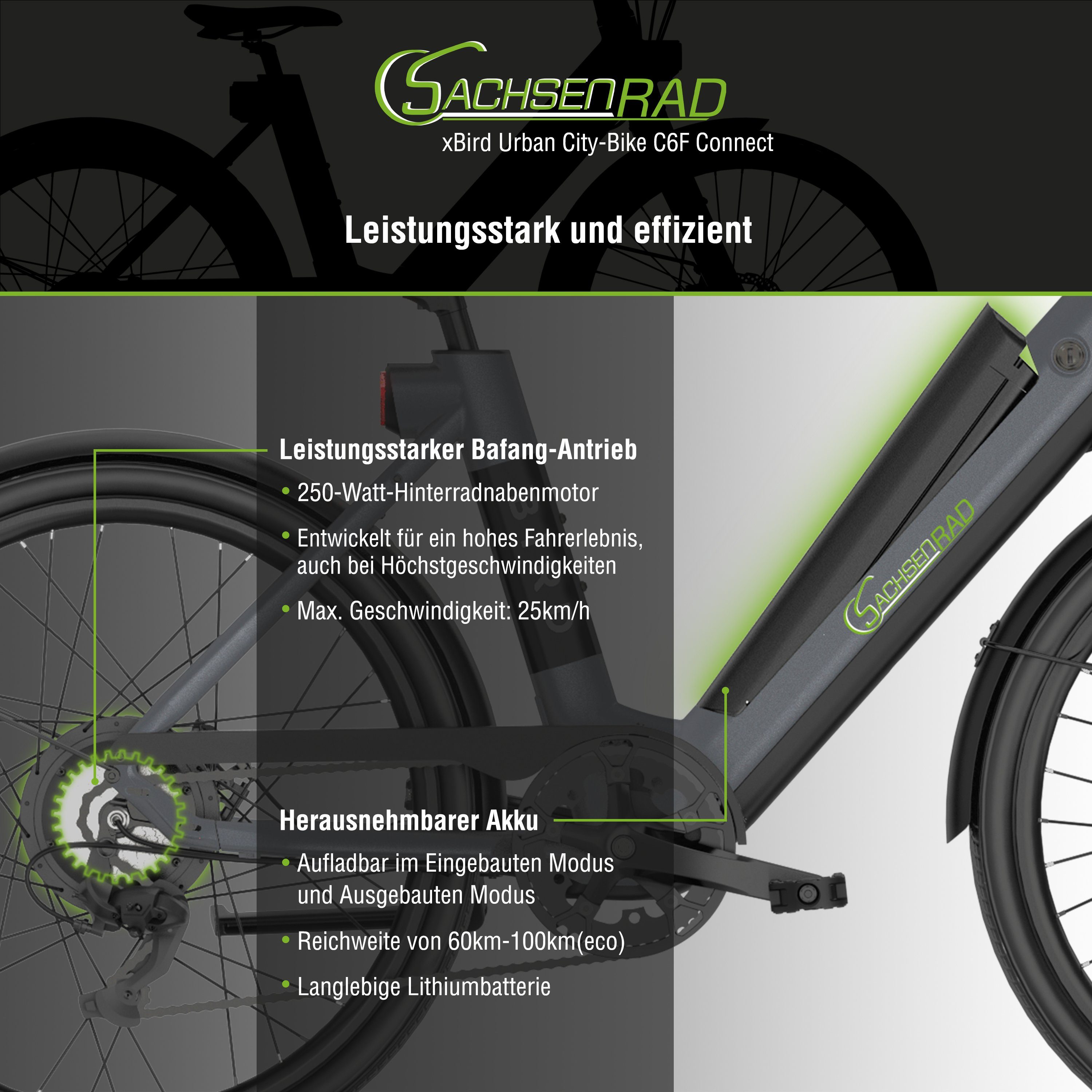 26 Zoll (1 App Grau, lauter Urban E-Bike Damen C6F Dezibel per xBird Shimano, Hinterradnabenmotor, 120 Gang Alarm City E-Bike 7 Diebstahlschutz Bike SachsenRAD Kettenschaltung, Connect Stück),