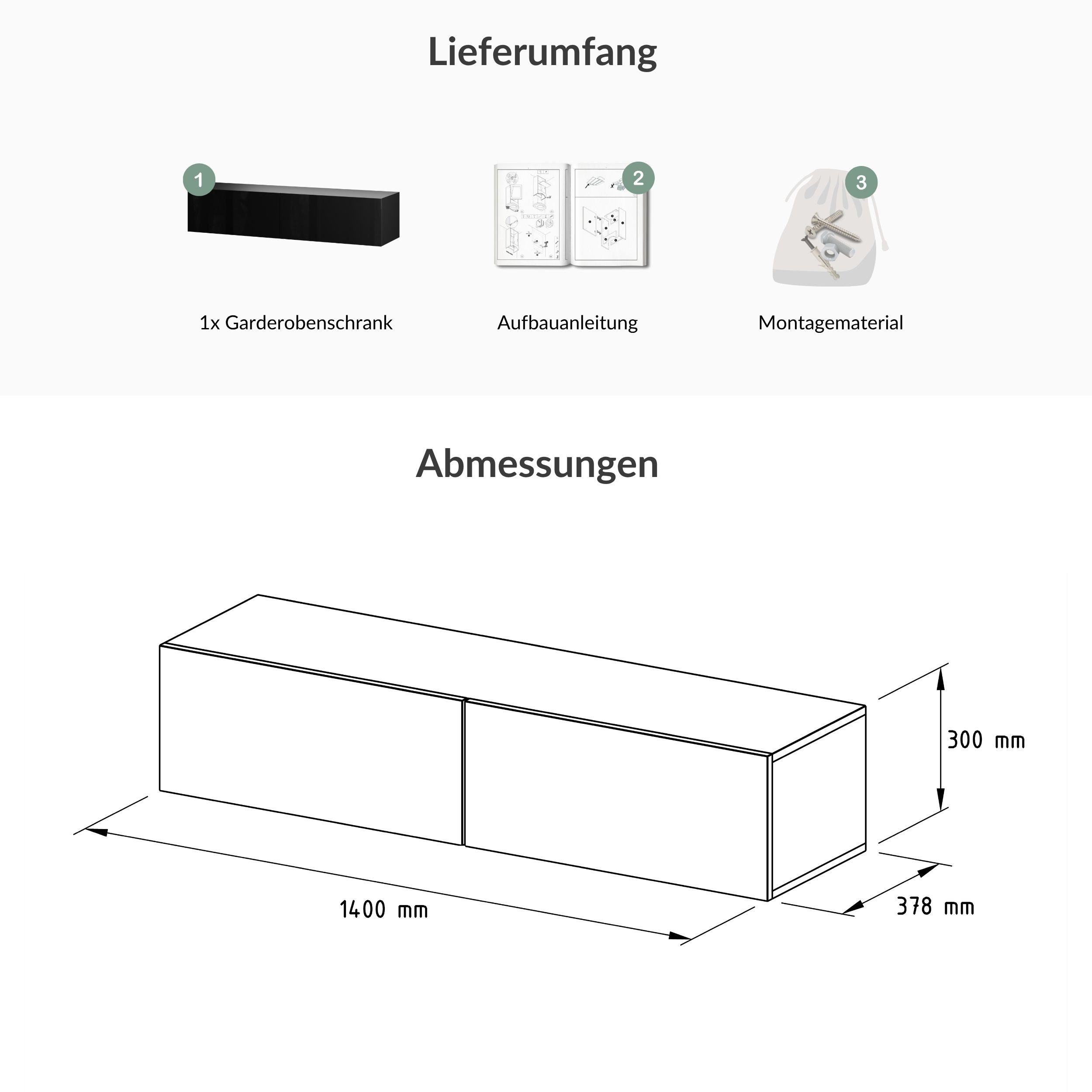 Planetmöbel Garderobenschrank Kompaktgarderobe Wandschrank 140 cm (schmaler Flurschrank mit Stauraum, 1-St., Flurgarderobe mit Soft-Open Funktion) Flurkommode v – Bild 4 von 5