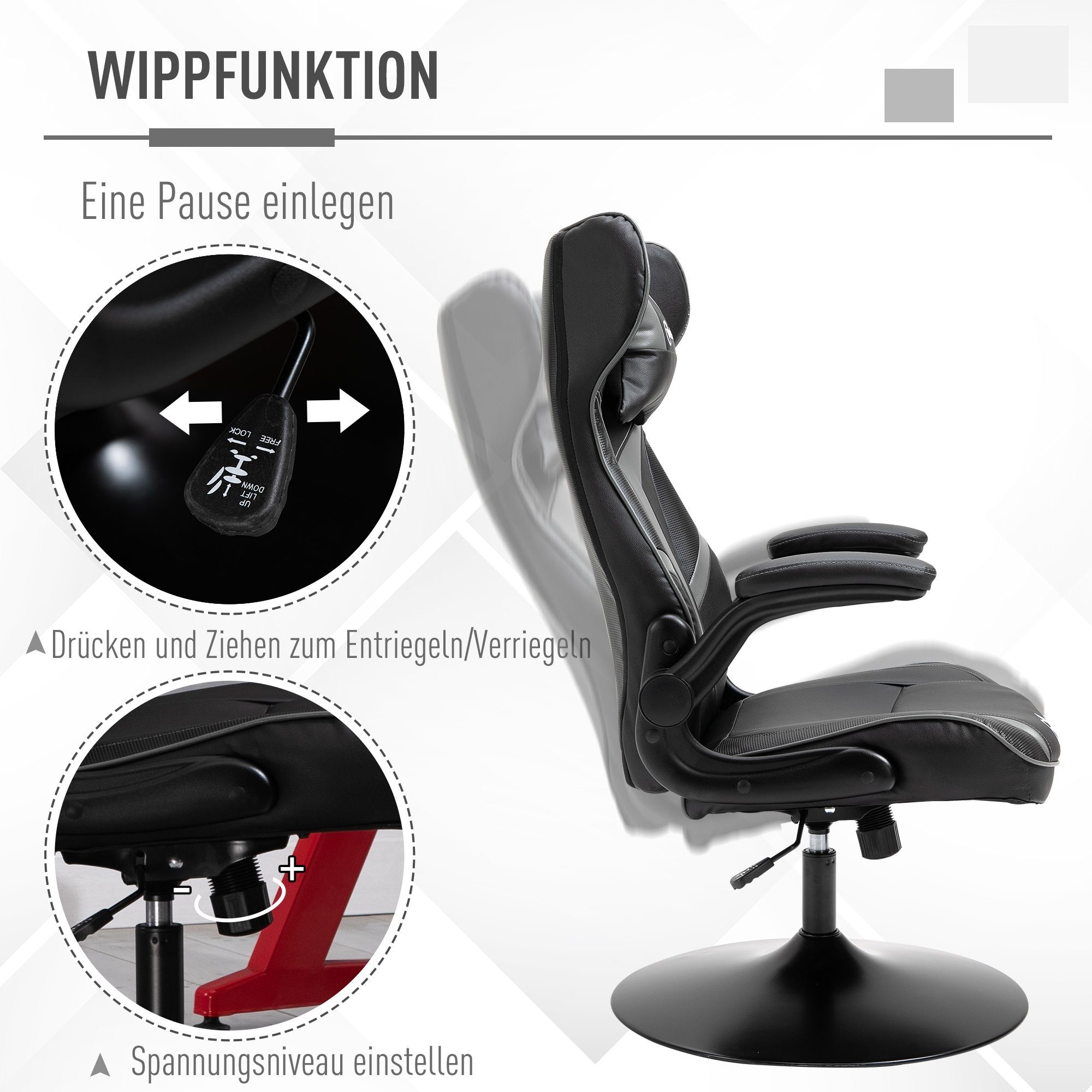 Vinsetto Stuhl Gaming schwarz/grau | schwarz/grau Schreibtischstuhl ergonomisch