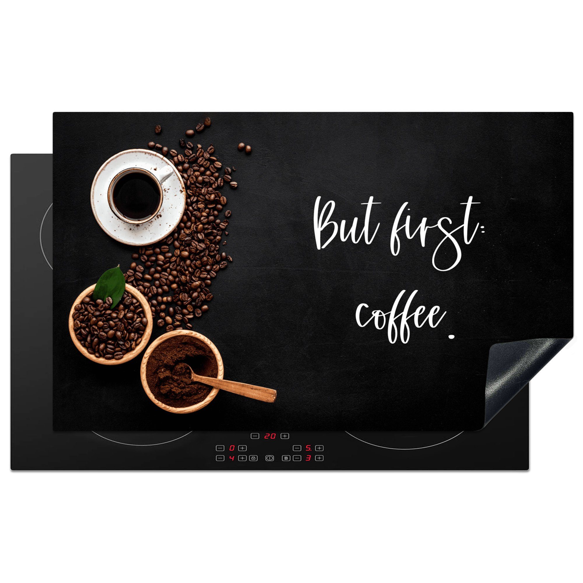 MuchoWow Herdblende-/Abdeckplatte Kaffee - Aber zuerst: Kaffee - Kaffeebohnen - Espressotassen -, Vinyl, (1 tlg), 83x51 cm, Ceranfeldabdeckung, Arbeitsplatte für küche | Herdabdeckplatten