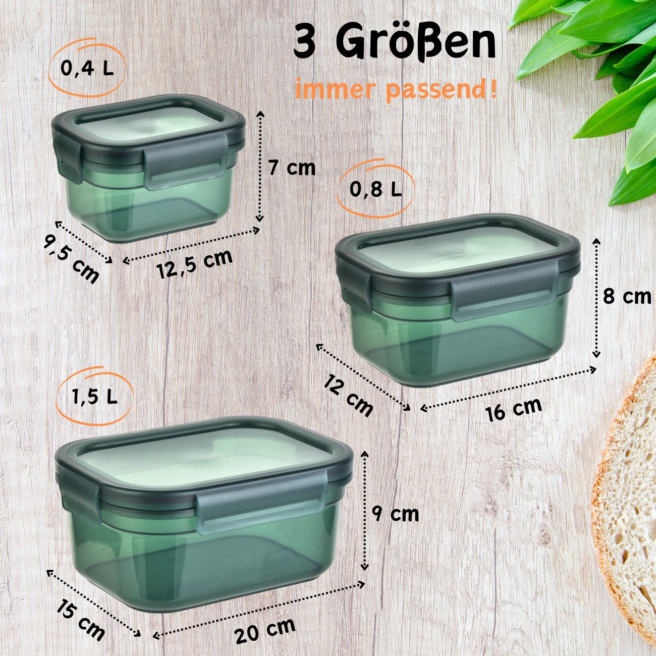 Engelland Frischhaltedose 3er Set Aufbewahrungsdosen mit Deckel, Vorratsdose, Frischhaltedose, Kunststoff/Silikon, (Vorteils-Set, 3-tlg., 0,4 L / 0,8 L / 1,5 L) – Bild 4 von 5