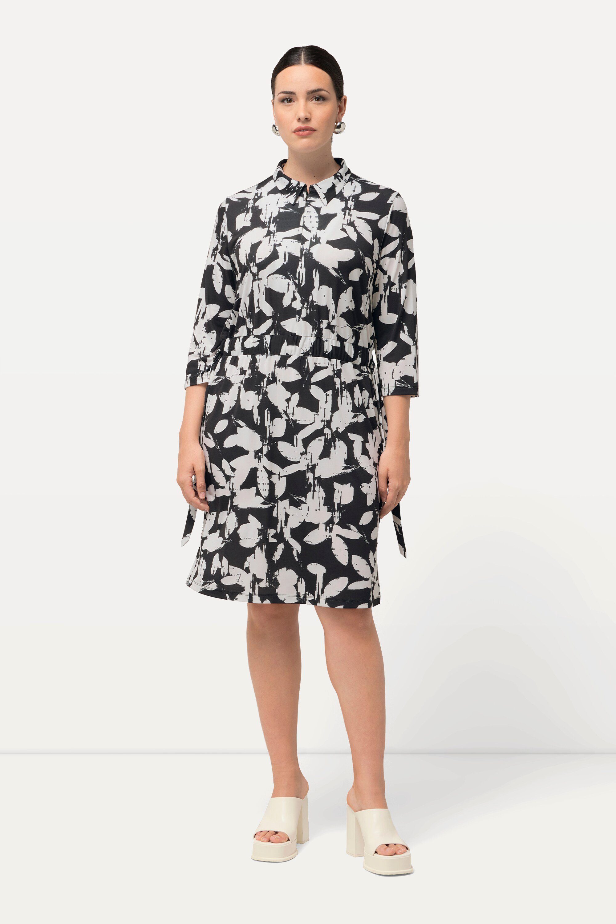 Ulla Popken Midikleid Jerseykleid Blätter Hemdkragen 3/4-Arm