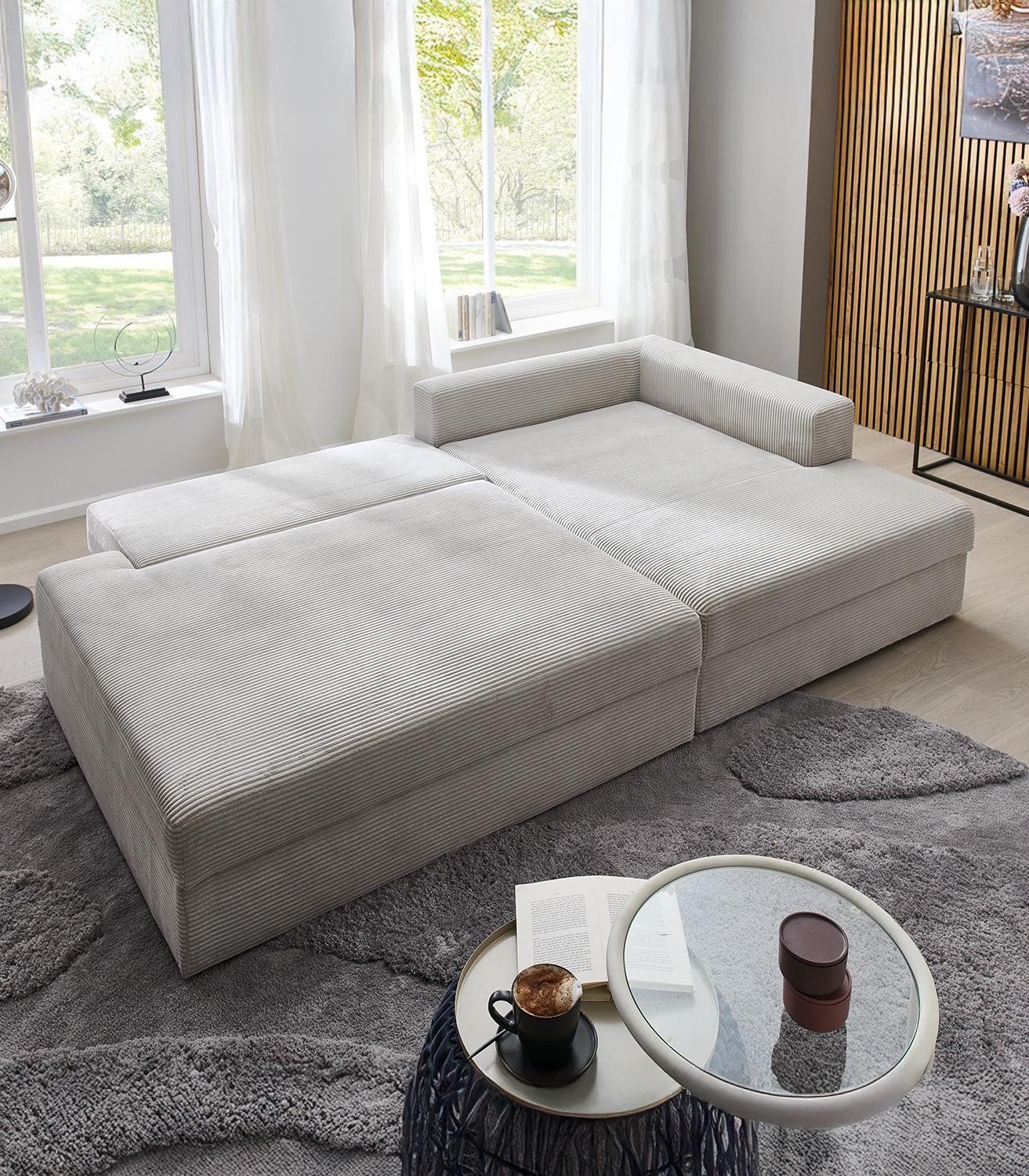 Iwaniccy Ecksofa SPLASH, Greige, Cordbezug, mit Rückenkissen, Ausziehfunktion, Bettkasten, B 224 x T 149 cm