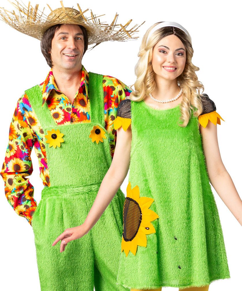 Karneval-Klamotten Kostüm Gärtner Herren Gras-Latzhose mit Sonnenblumen Hut, Gärtnerhose Herrenkostüm Männerkostüm in Grasoptik mit Gärtnerhut