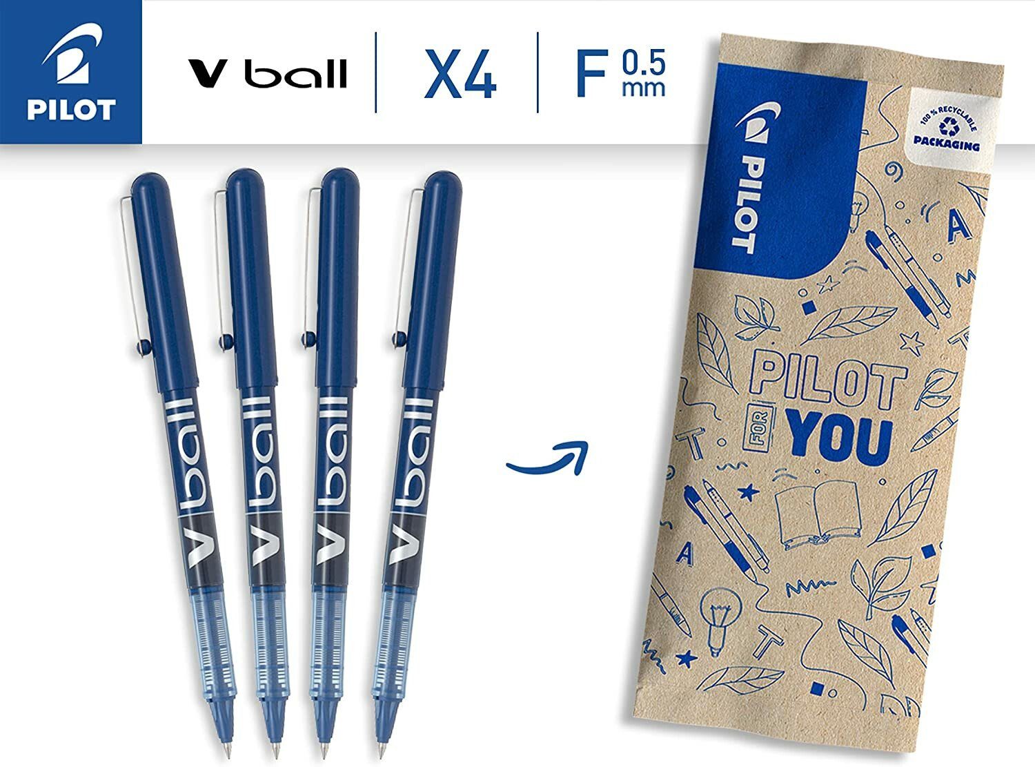 PILOT Gelschreiber Pilot V-Ball Pack 4 - Medium Pen Blue of Rollerball - - 