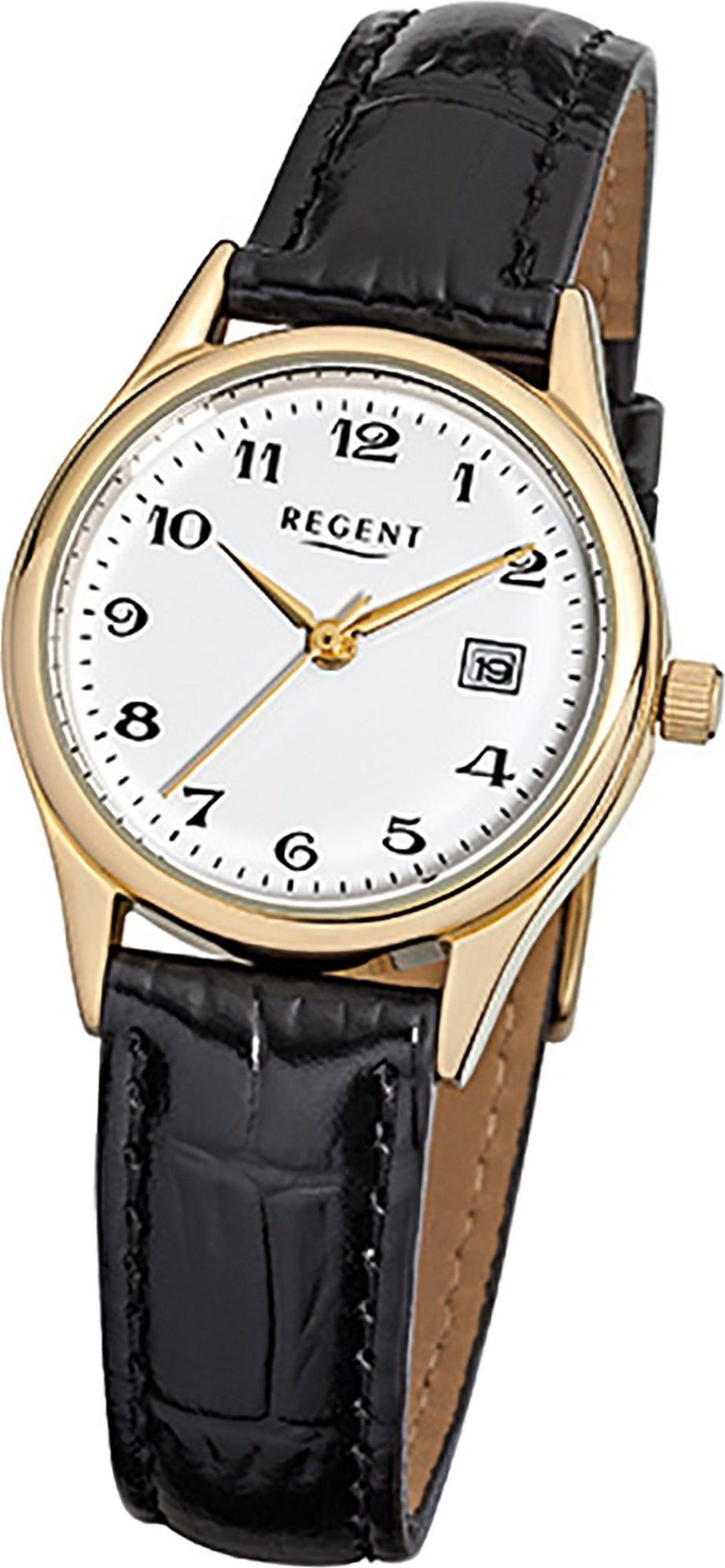 Regent Quarzuhr Regent Leder Damen Uhr F-835 Quarzuhr, Damenuhr mit Lederarmband, rundes Gehäuse, klein (ca. 28mm), Elegant-S