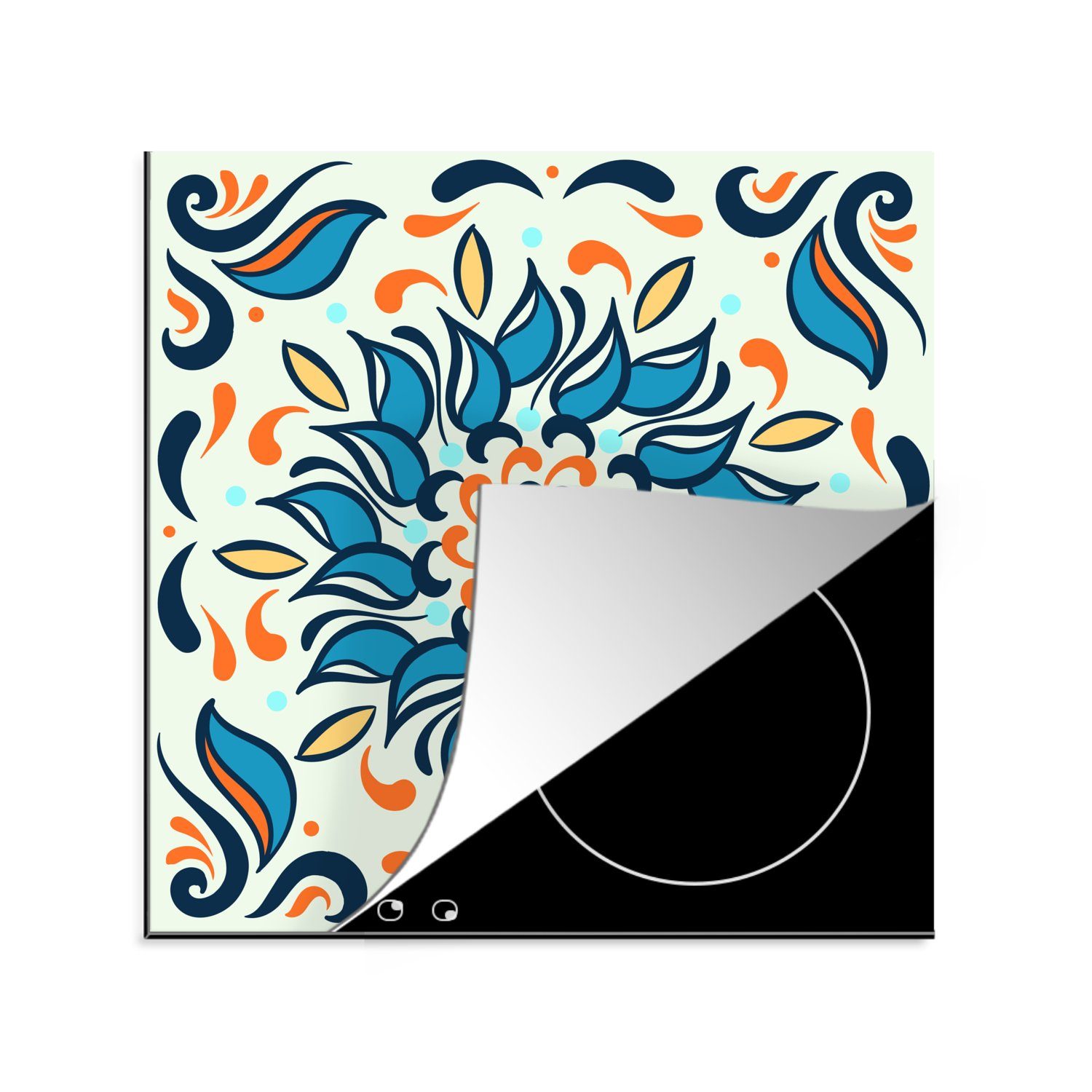 MuchoWow Herdblende-/Abdeckplatte Sonnenblume - Blätter - Blau - Orange, Vinyl, (1 tlg), 78x78 cm, Ceranfeldabdeckung, Arbeitsplatte für küche