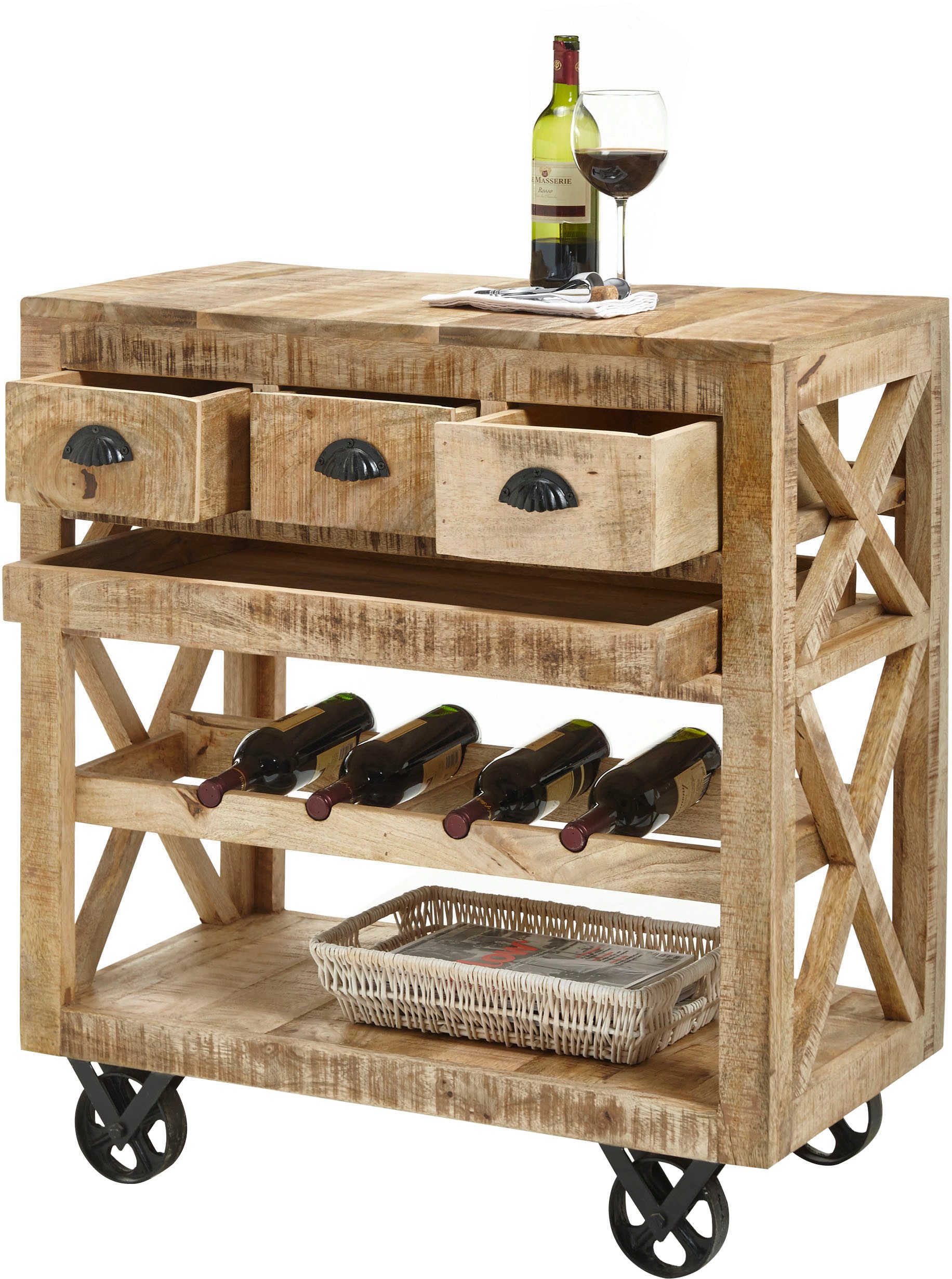 Stolkom Sp.z.o.o. Bartisch Ferdi, Massivholz, Barwagen rollbar inkl. Tablett