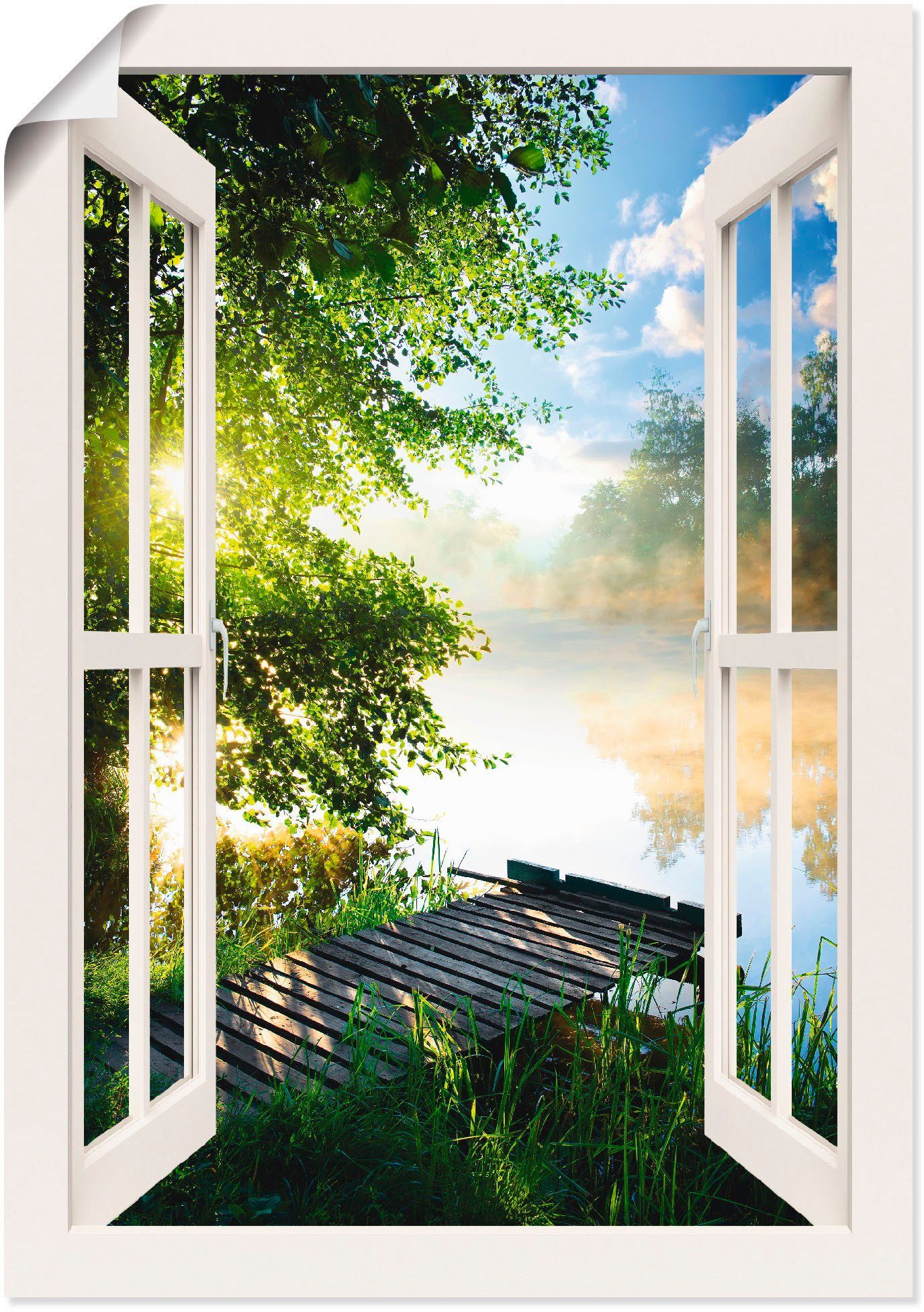 Artland Wandbild Fensterblick Angelsteg am Fluss, Fensterblick (1 St), als  Alubild, Leinwandbild, Wandaufkleber oder Poster in versch. Größen, Fertig  zum Aufhängen für einfache Montag