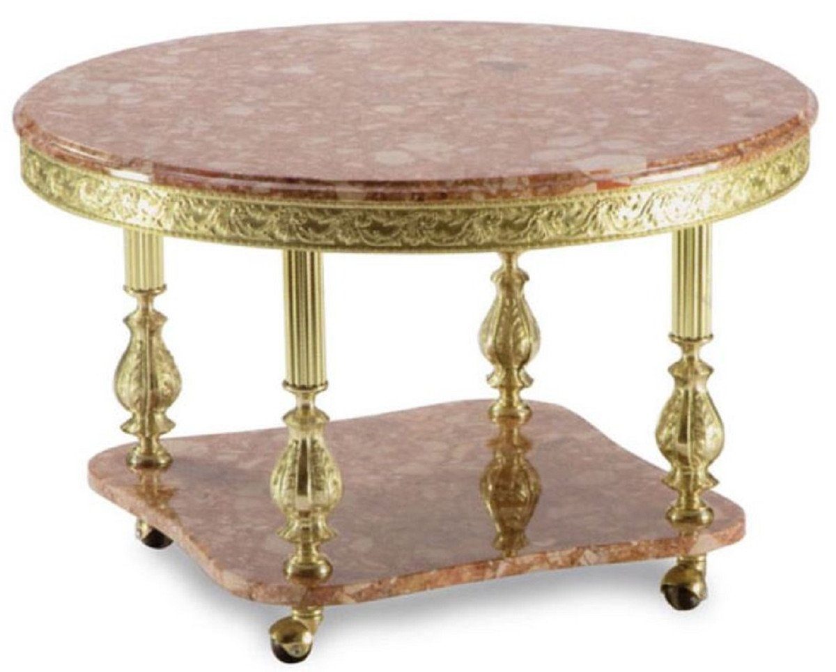 Casa Padrino Couchtisch Luxus Barock Couchtisch Pink / Gold Ø 80 x H. 43 cm - Runder Messing Wohnzimmertisch mit Marmorplatte und Rollen - Barock Möbel