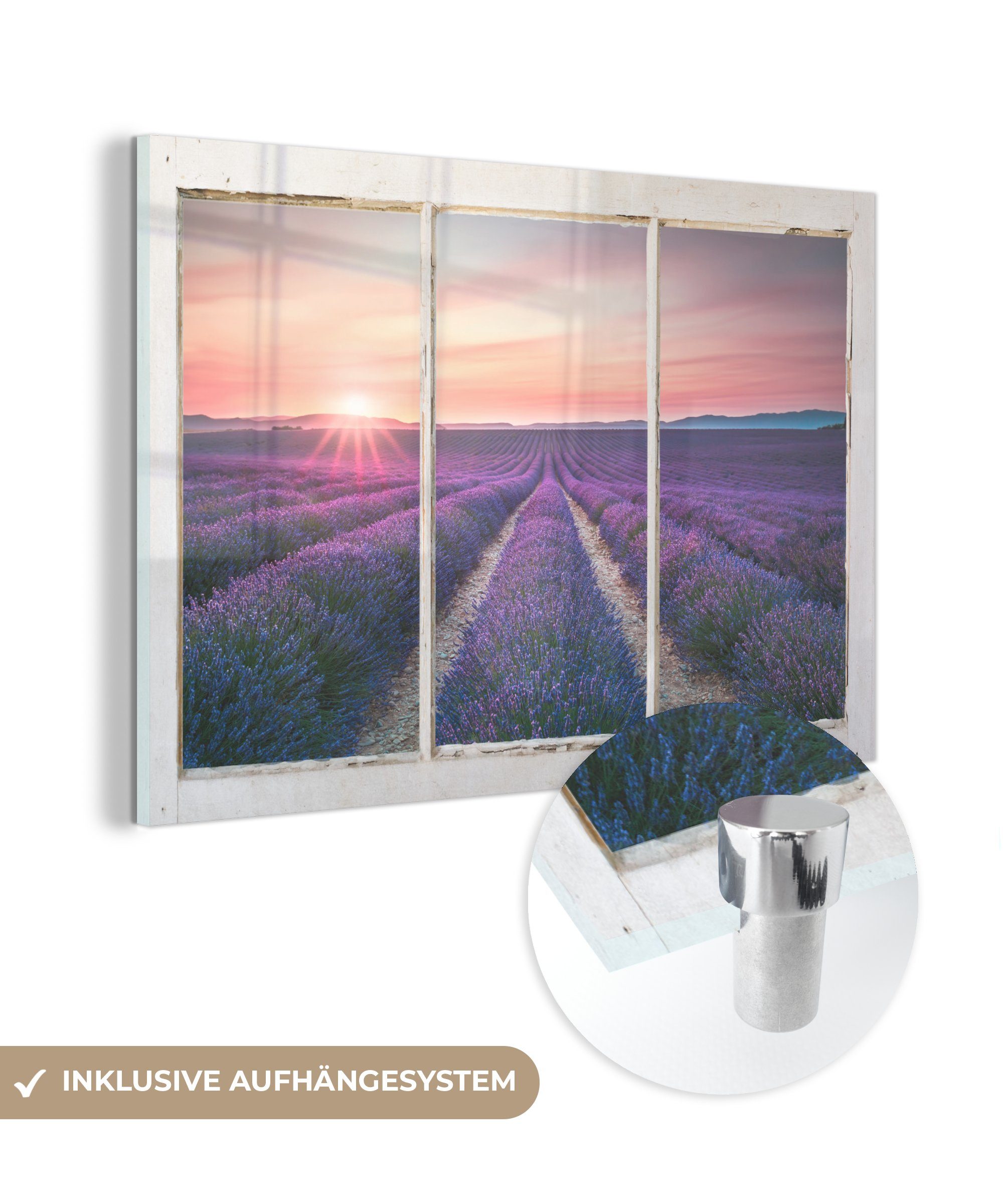 - Lavendel - Bilder auf - Wanddekoration Glas MuchoWow Glasbilder Acrylglasbild Foto - - auf Sonnenuntergang, (1 Wandbild Glas Ausblick St),