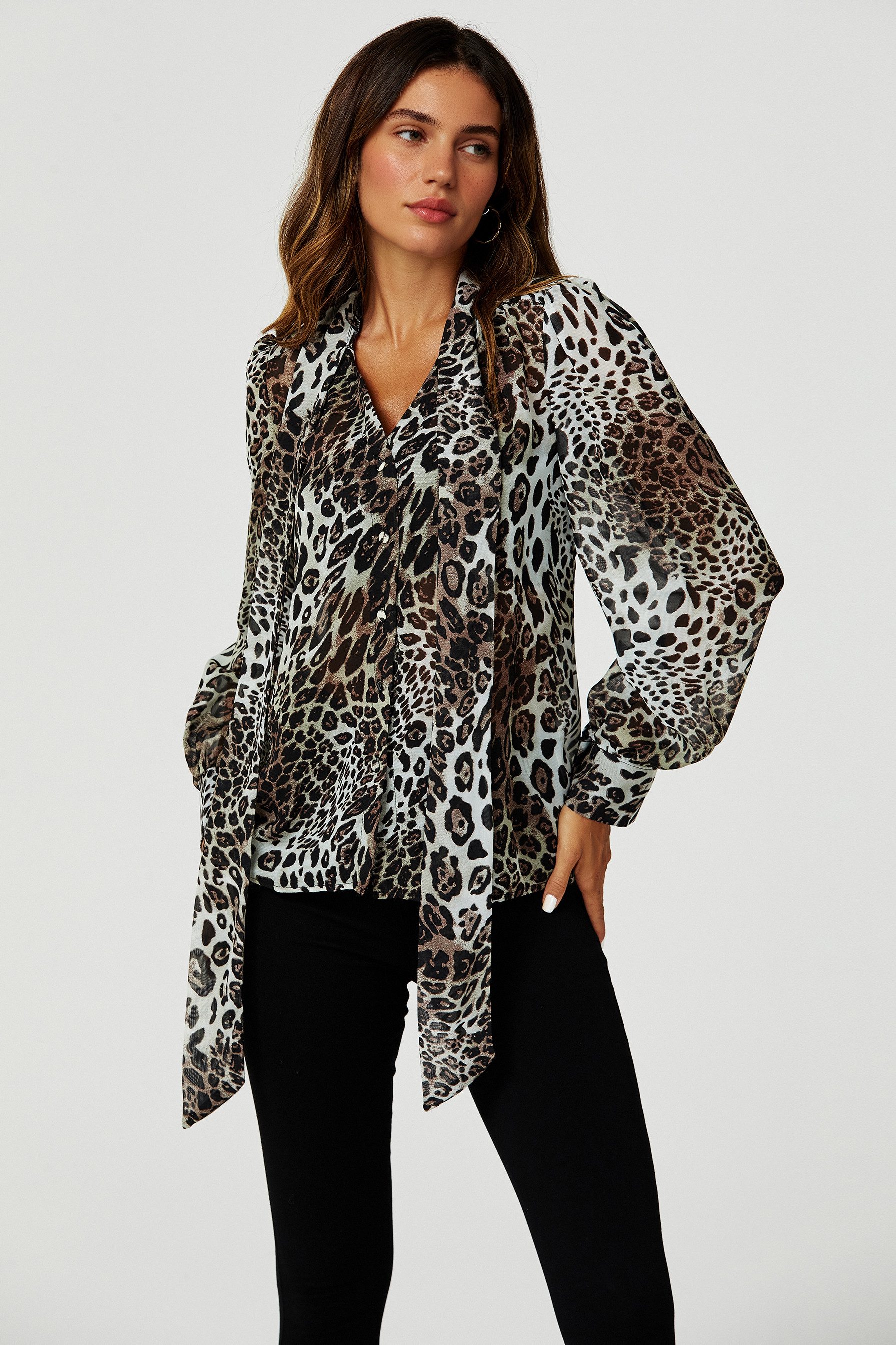 FS Collection Langarmbluse Damen Elegante Bluse, Langärmliges Blusenoberteil mit Bindedetail (XS (UK 8 / EU 36) S (UK 10 / EU 38) M (UK 12 / EU 40) L (UK 14 / EU 42) XL (UK 16 / EU 44), 3 Farben : LeoBraun, Floral Blau-Lila und Grün) leicht, fließend, formstabil und angenehm zu tragen