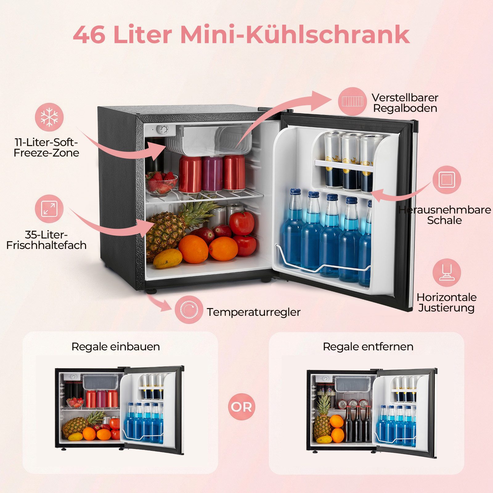 FOHERE Table Top Kühlschrank 46L Mini-Kühlschrank, Bier Hausbar Getränkekühlschrank Hotel, Silber BC-46, 50 cm hoch, 49.53 cm breit – Bild 5 von 5