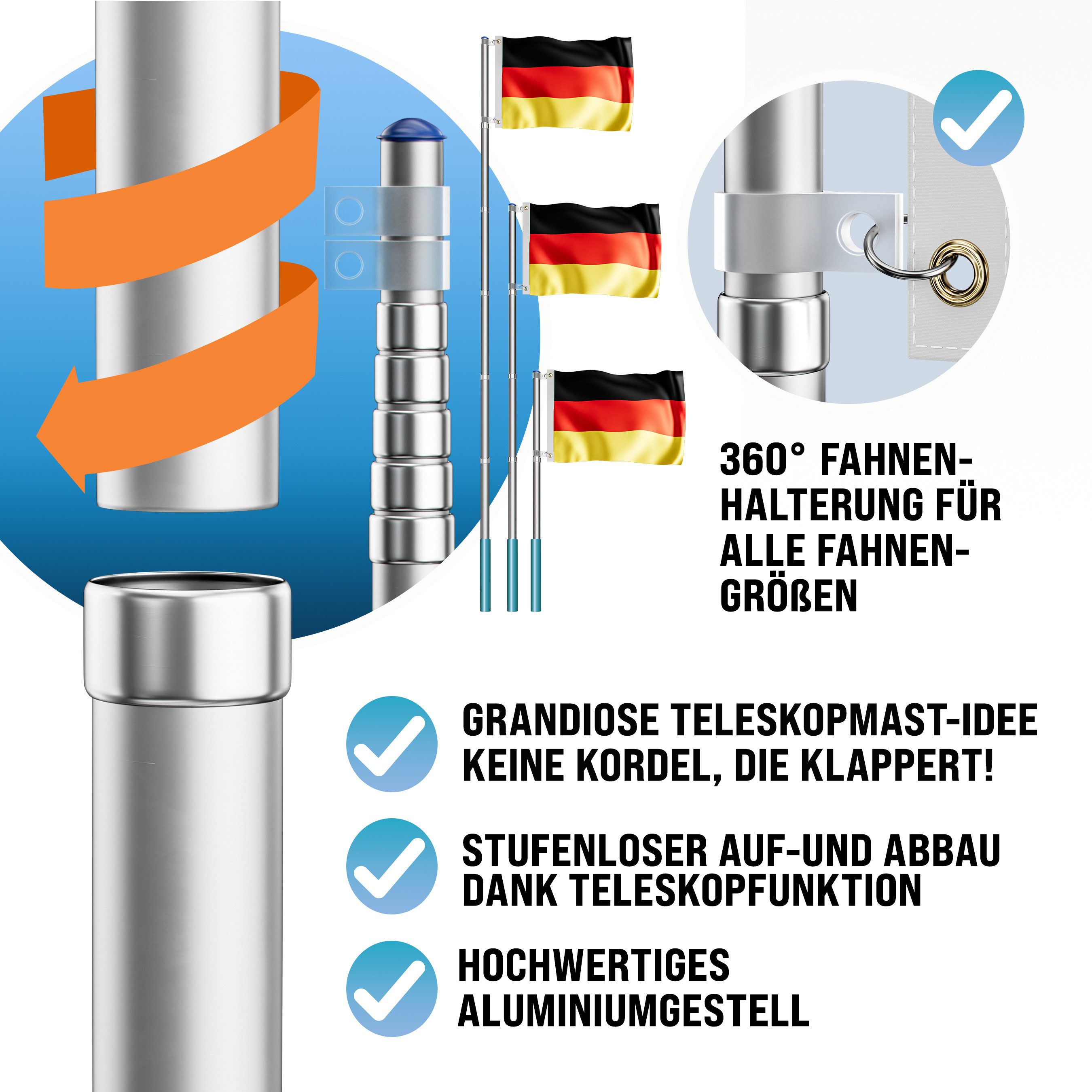 monzana Fahne, Aluminium inkl. Flagge Teleskop 6,30m Bodenhülse Mast Alu
