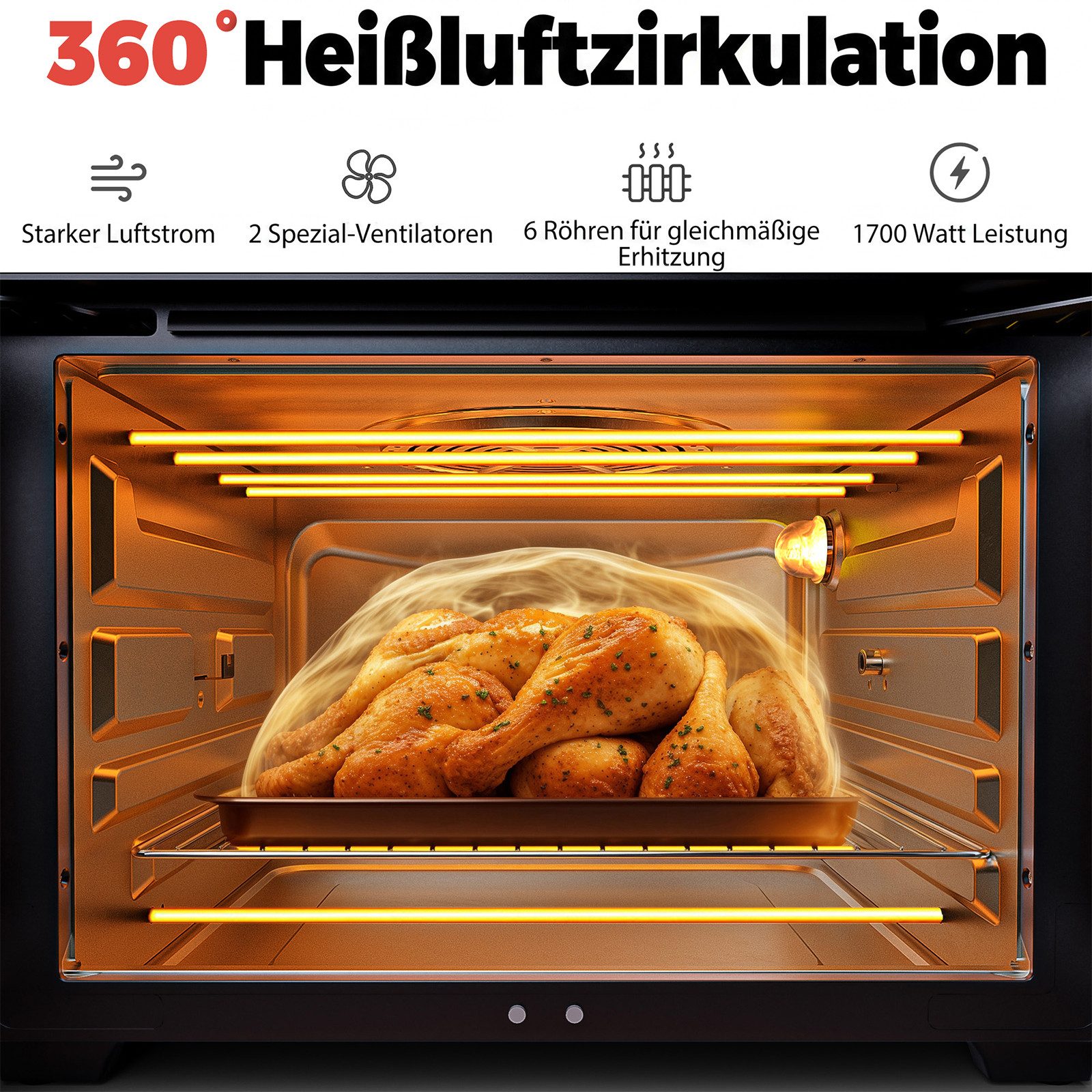 Rebonique Heißluftfritteuse XXL 28L mit Doppeltür & Sichtfenster, 1700 W, 18 Programme, Ohne Öl Gesundes Kochen, Pizza, Grill & Backofen – Bild 5 von 5