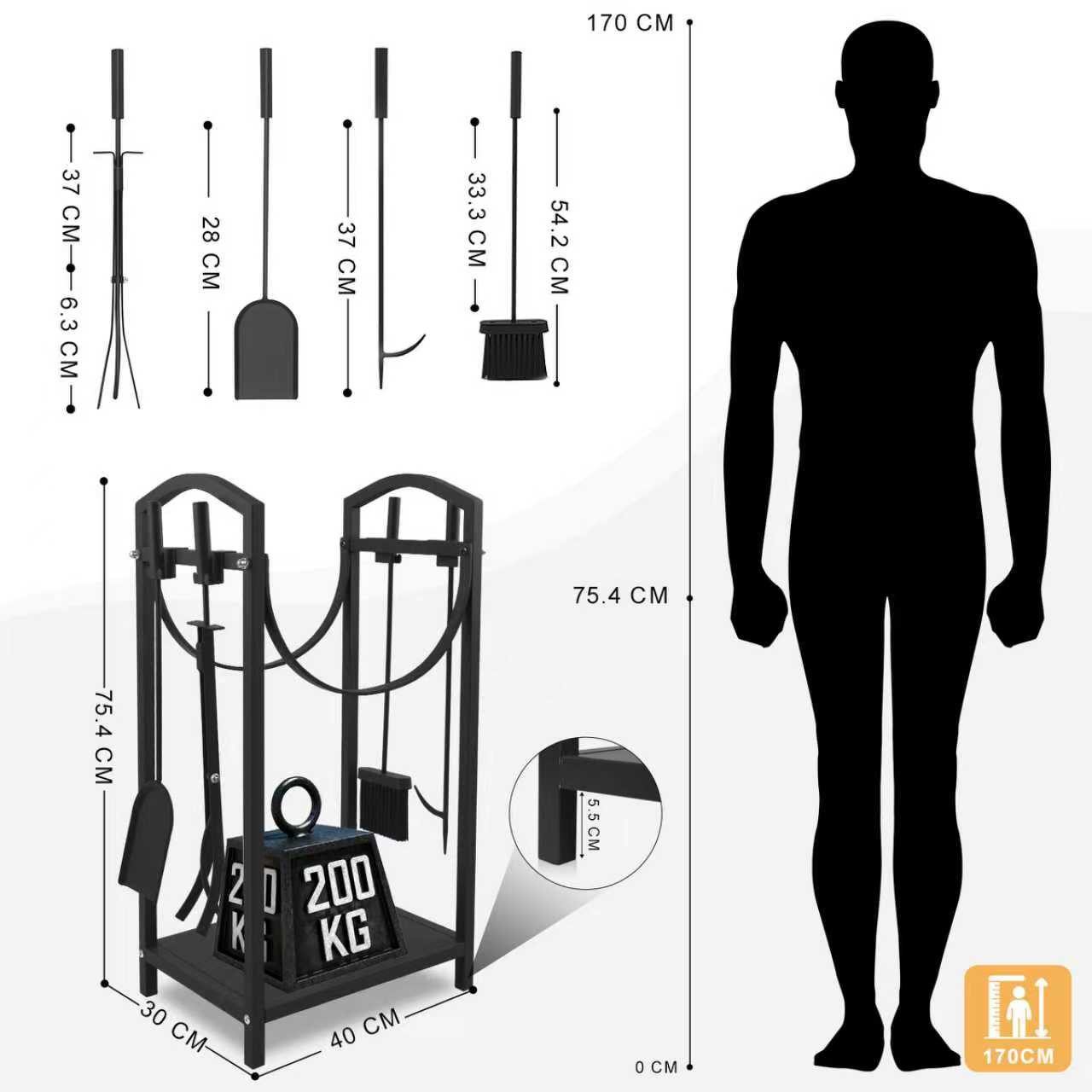 BBWL Kaminholzregal kompakter Brennholzständer mit 4-tlg Werkzeugset für Kamin & Ofen, BxTxH:40x30x75 cm, Kaminholzregal Set aus Metall mit Kaminbesteck – Bild 4 von 5