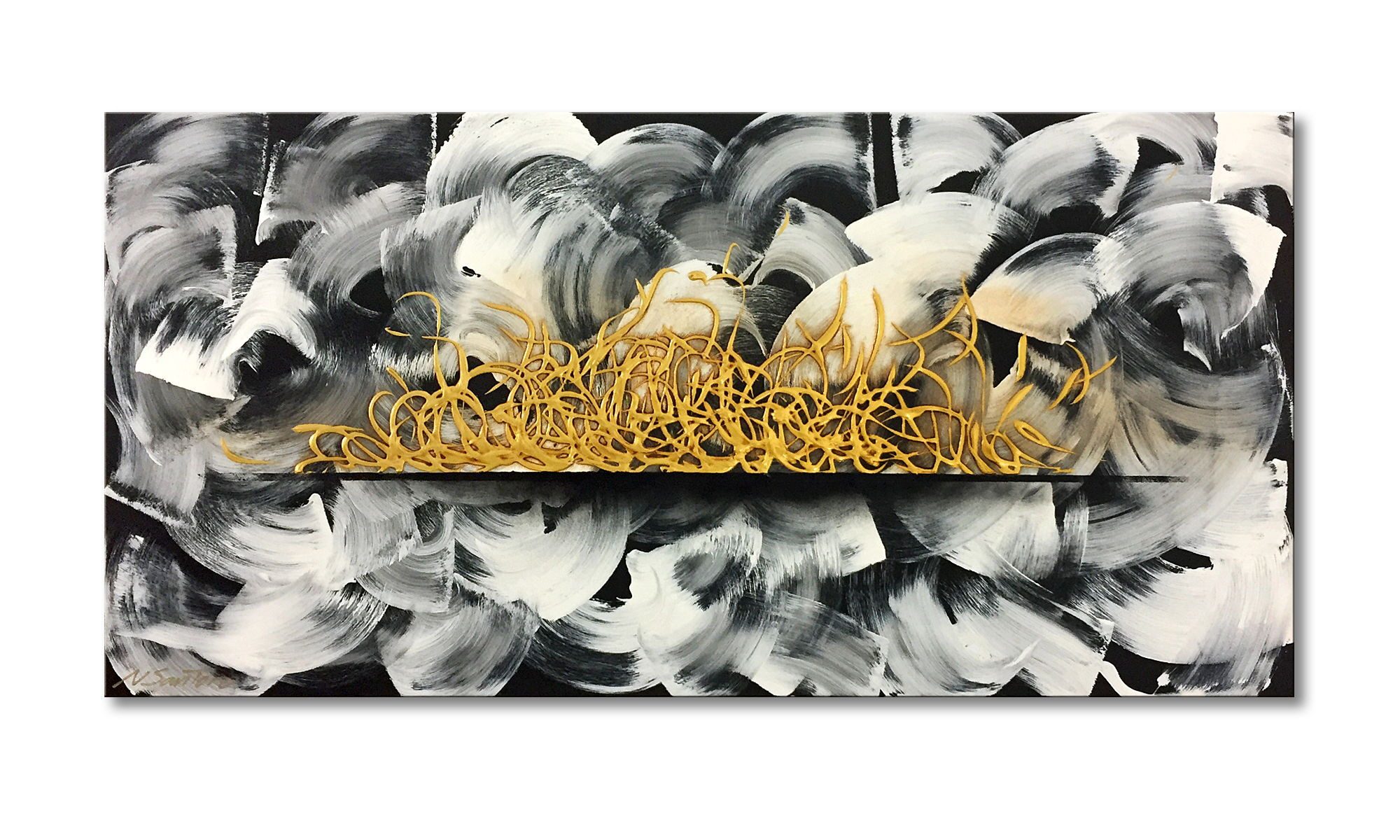 WandbilderXXL Gemälde Golden Spectacle 120 x 60 cm, Abstraktes Gemälde, handgemaltes Unikat