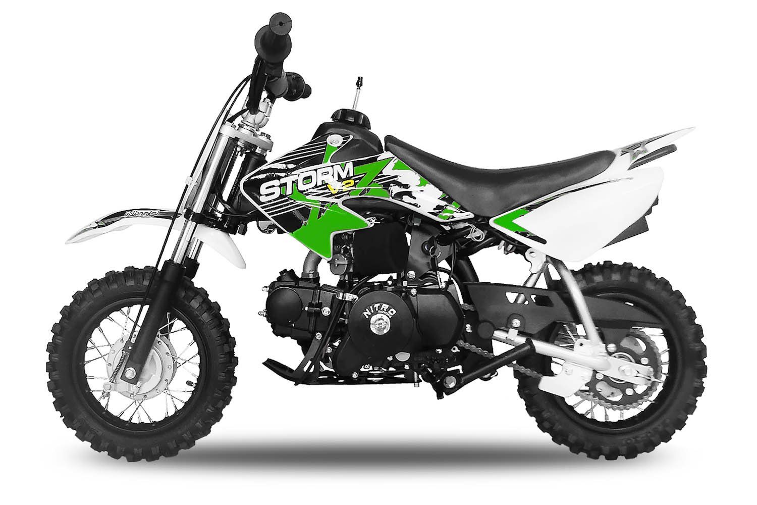 Dirt-Bike Nitro 1 Gang, Crossbike Grün mini Storm Kinder Pocketbike, Automatikschaltung Dirtbike 90cc Motors 10"