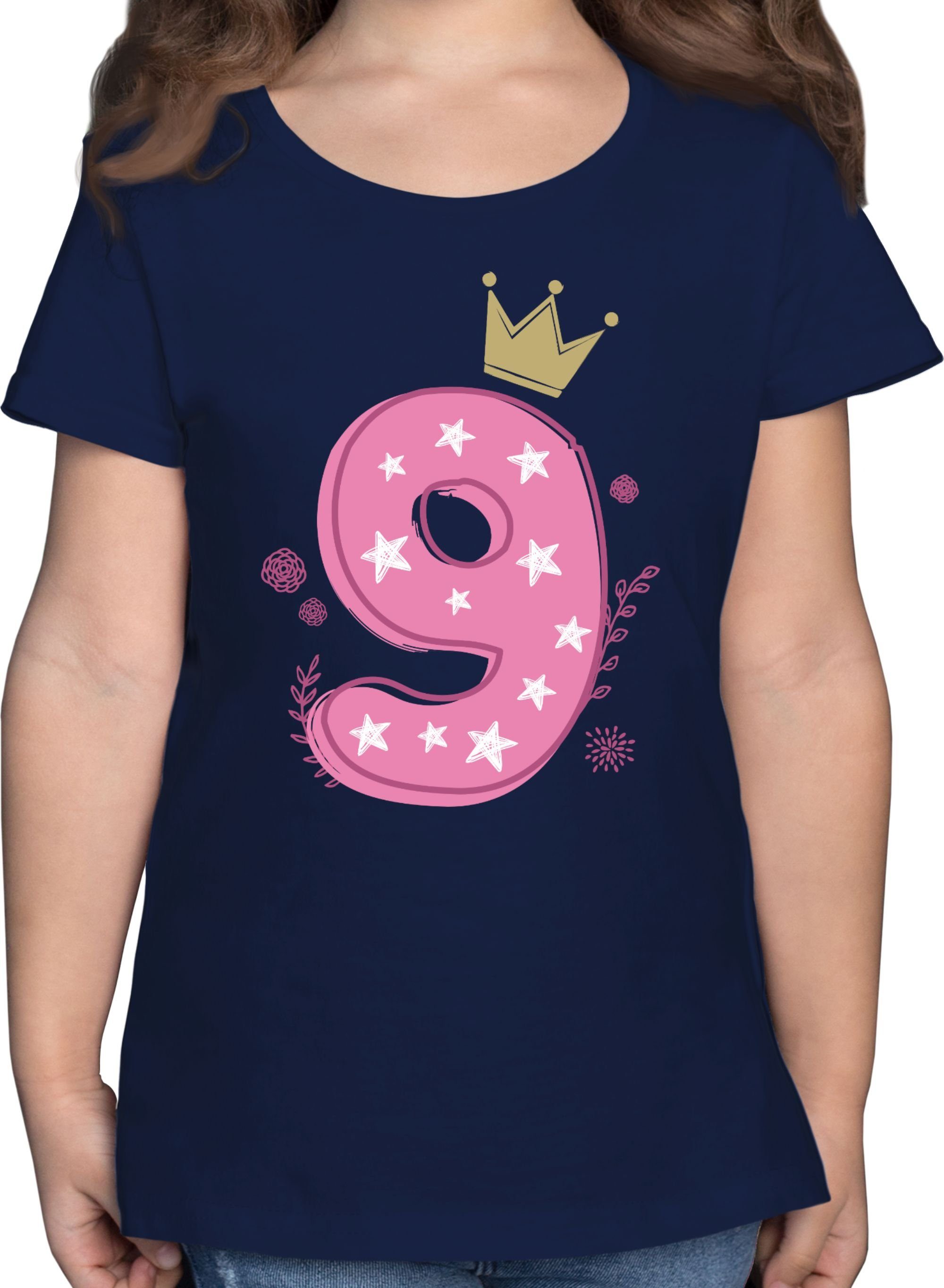 Shirtracer T-Shirt Neunter Mädchen 1 9. Dunkelblau Geburtstag Krone Sterne