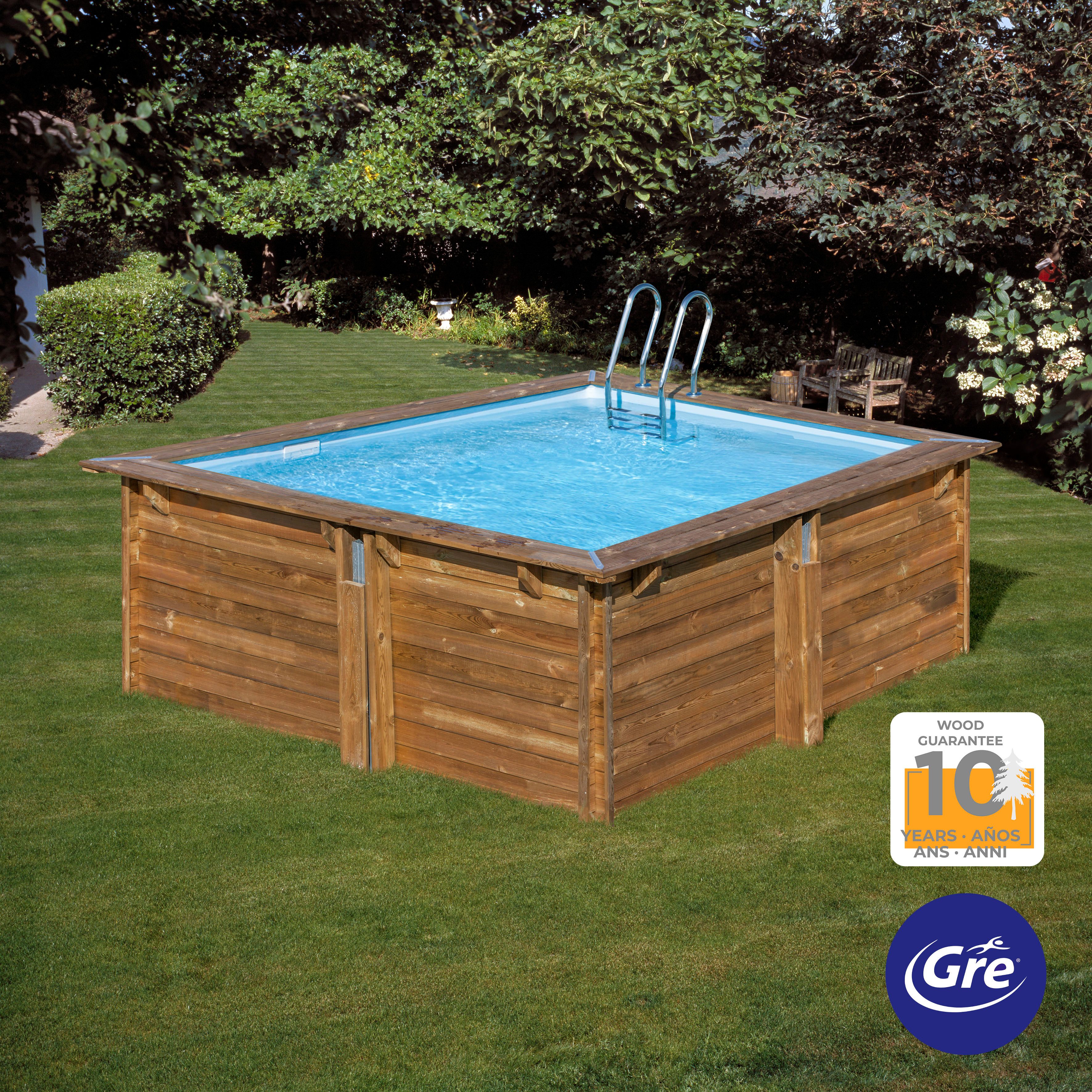 Gre Rechteckpool CARRA 3 mit Edelstahlleiter (Set, 8-tlg), Echtholzpool, 305x305x119 cm
