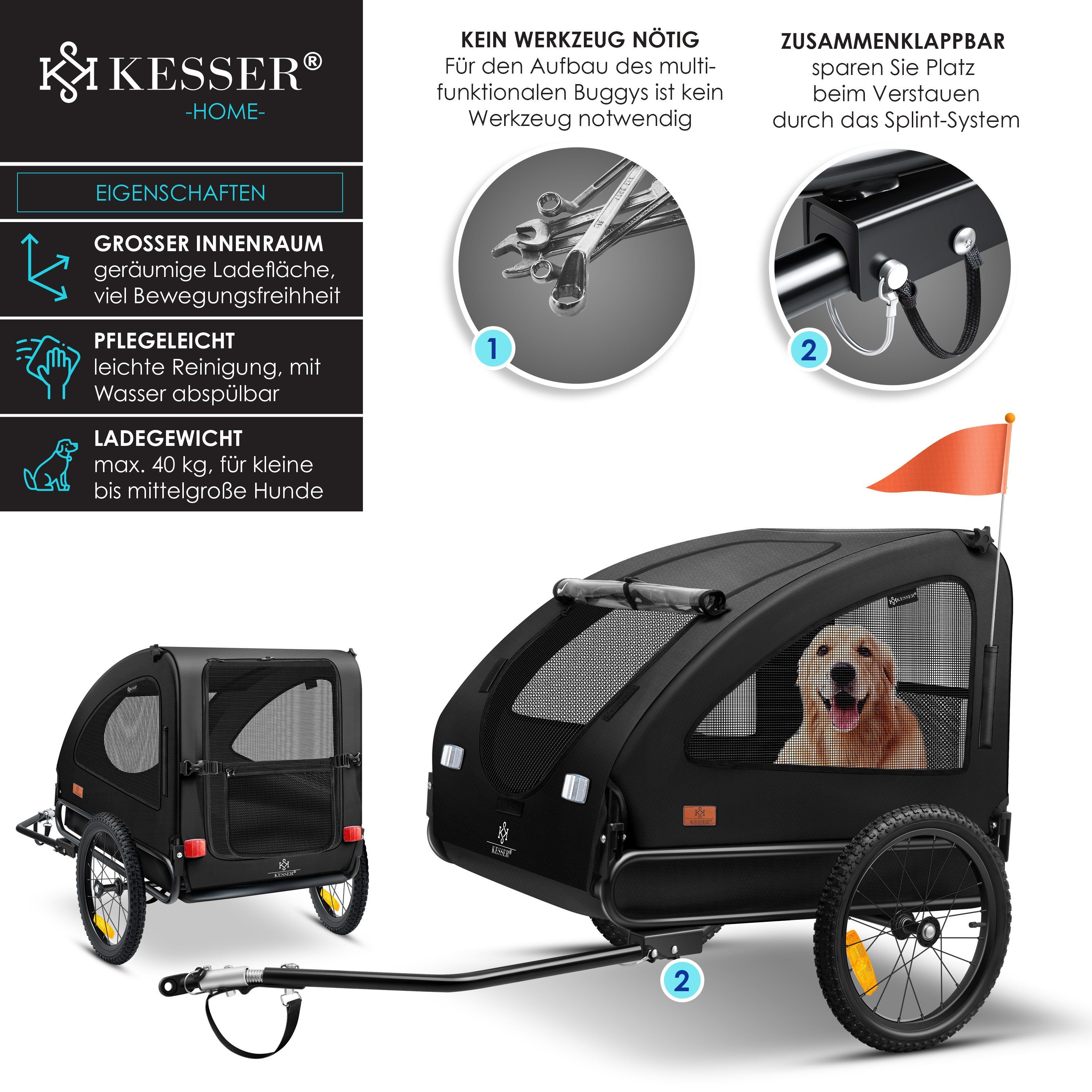 KESSER Fahrradhundeanhänger, Hundeanhänger Boxer 2-in-1 Hundebuggy Fahrradanhänger groß