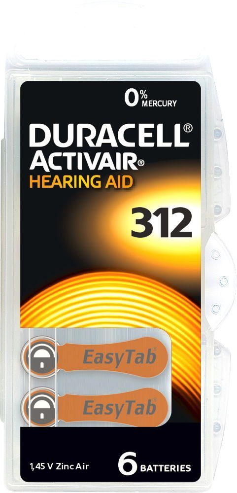 Duracell 6 Activair Typ / DA 312 Zink-Luft Hörgerätebatterien im 6er Blister Knopfzelle