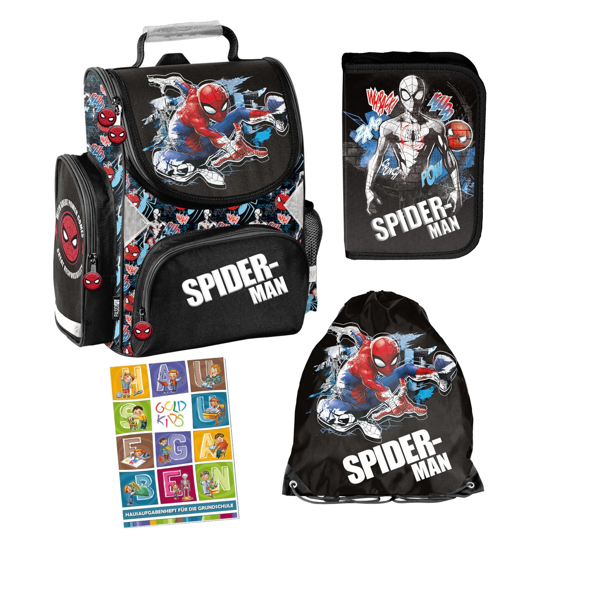 GOLDKIDS Schulranzen für Jungen, 4er- (Schul-Rucksack für, 1-tlg., Kinder mit Federmäppchen - Schuhbeutel), - Spiderman Motiv- 1-3 Klasse