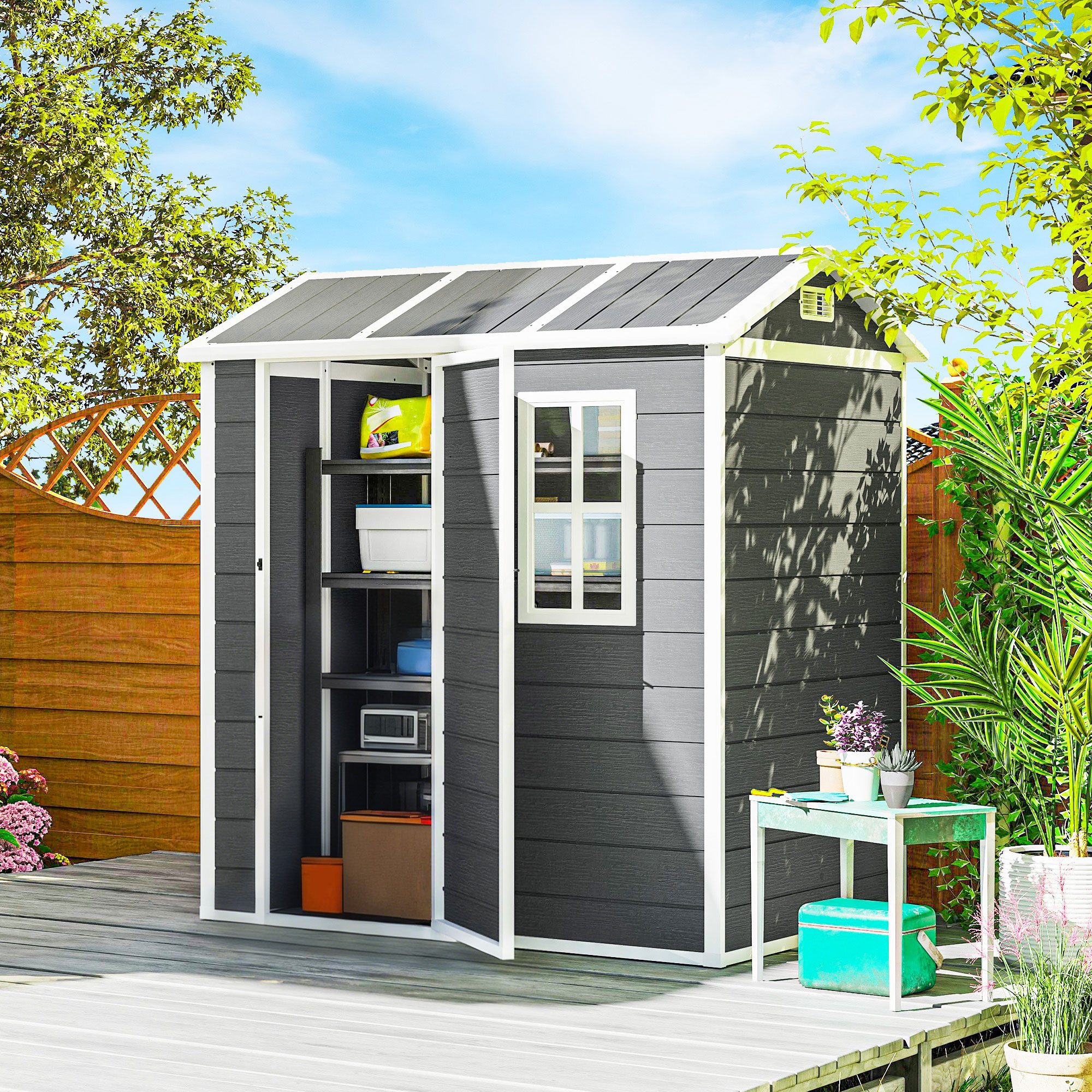 Outsunny Gerätehaus 2,1m², mit Satteldach, Boden, Fenster, abschließbarer Tür, BxT: 186x130 cm, (Geräteschuppen aus Kunststoff, 1 St., wetterfest Gartenhaus), Outdoor Garten Schuppen für Hinterhof Grau