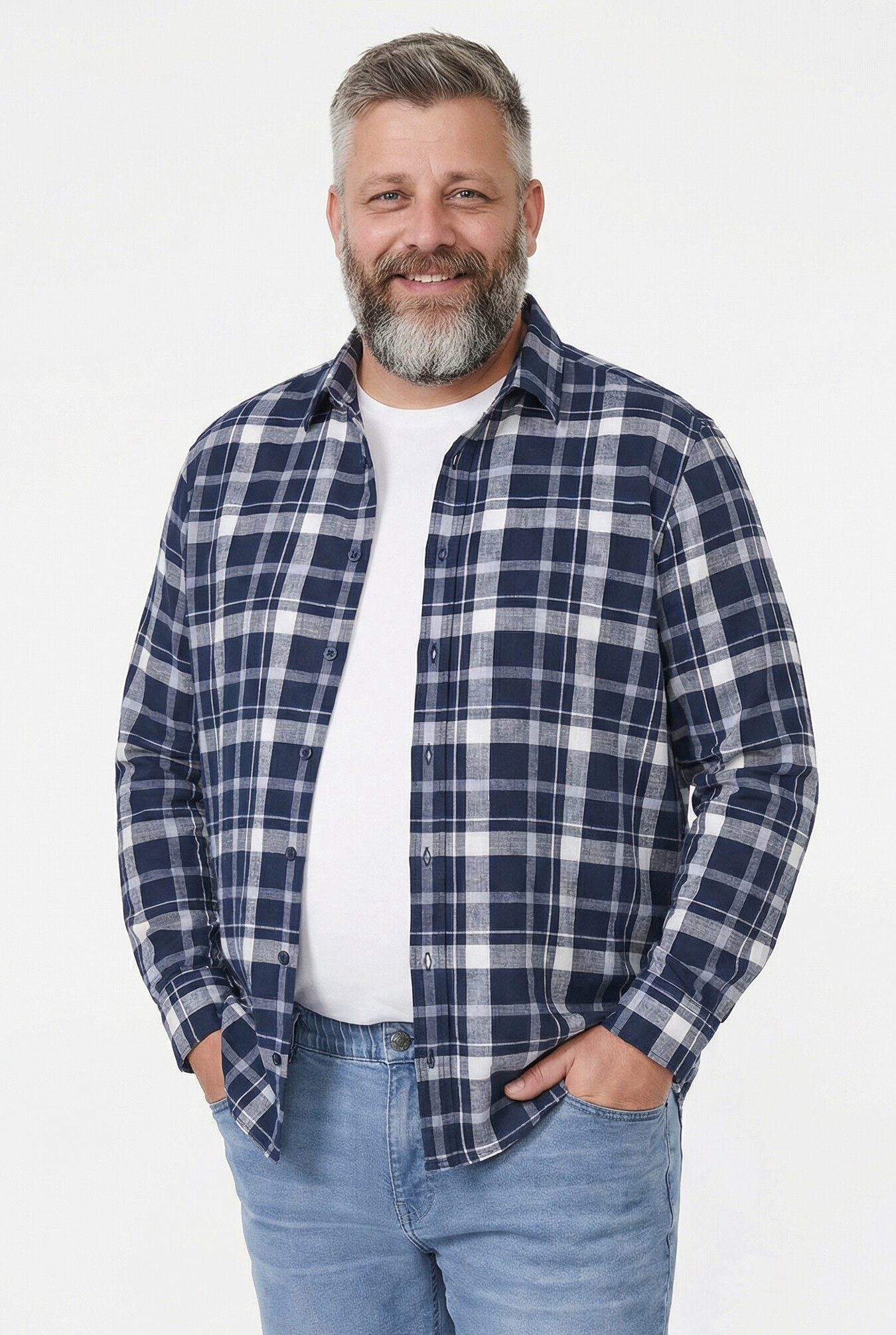 Men Plus Businesshemd Leinenoptik-Karohemd Langarm Kentkragen