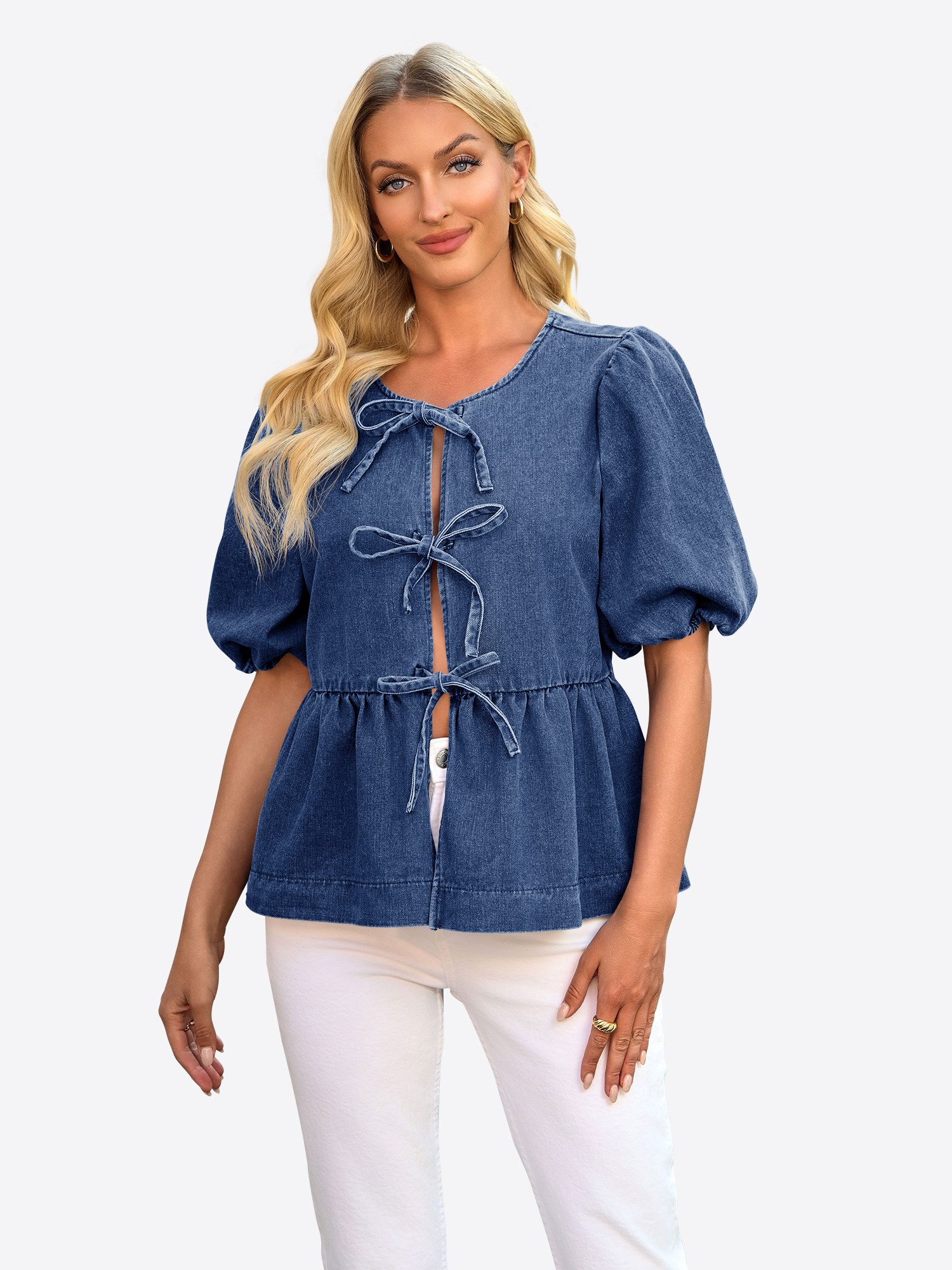 Imily Bela Jeansbluse Damen Lässige Blusen mit Schleife vorne (Packung, 1-tlg., 1per-Pack) einfarbig