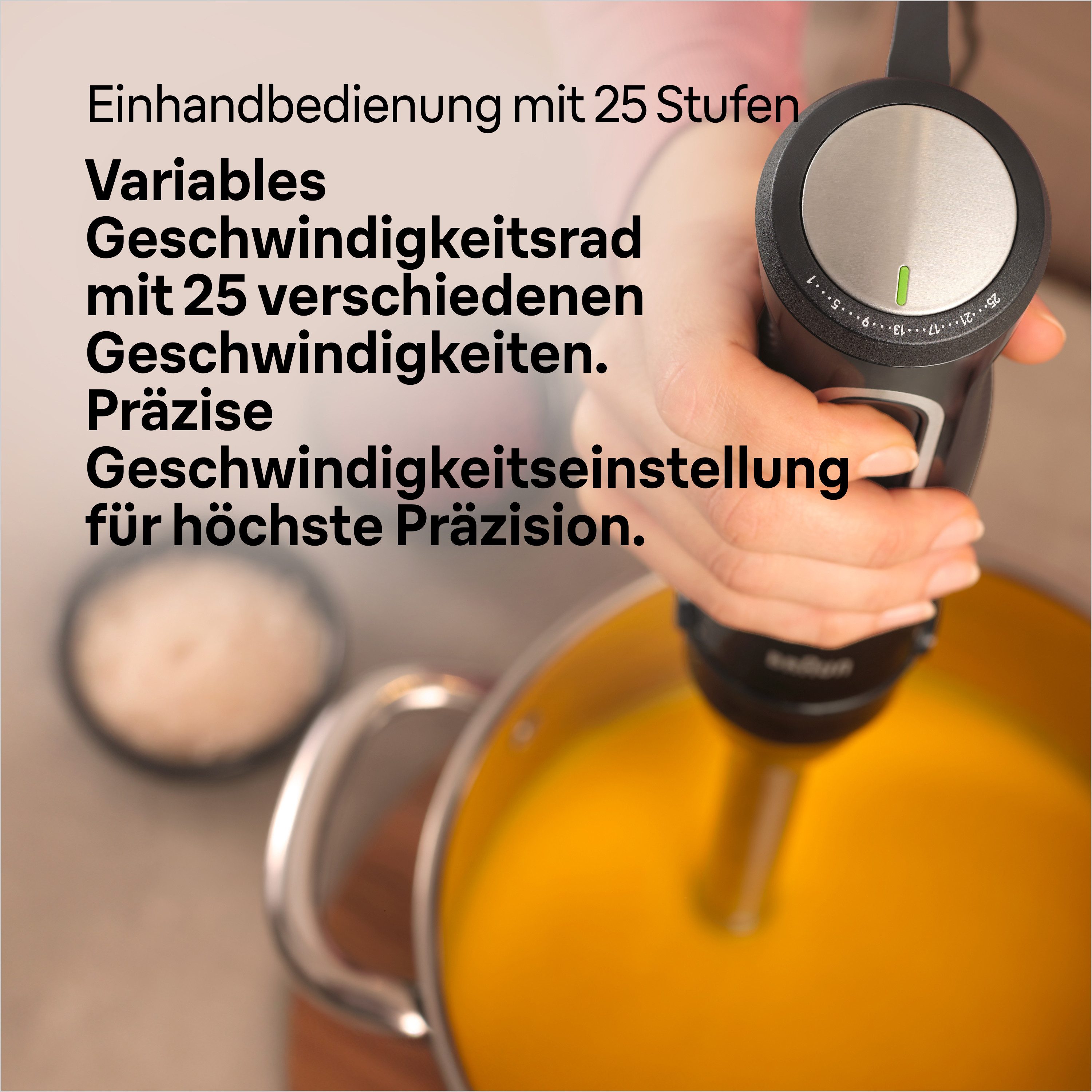 Braun Stabmixer MultiQuick 5 Pro MQ 55236 M - 1000W, 25 Geschwindigkeiten, Schneebesen, 1000 W, Spritzschutz, 500ml Zerkleinerer, Extra Mahlklinge, spülmaschinenfest