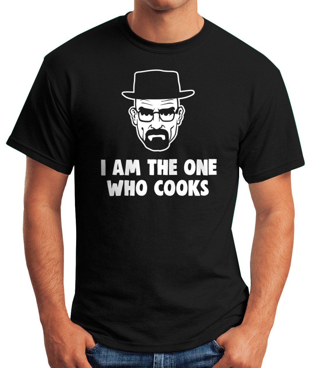 Parodie am MoonWorks mit Print-Shirt BBQ Fleisch Fun-Shirt who I Heisenberg Herren Print the one cooks Moonworks® Grillen Barbecue T-Shirt