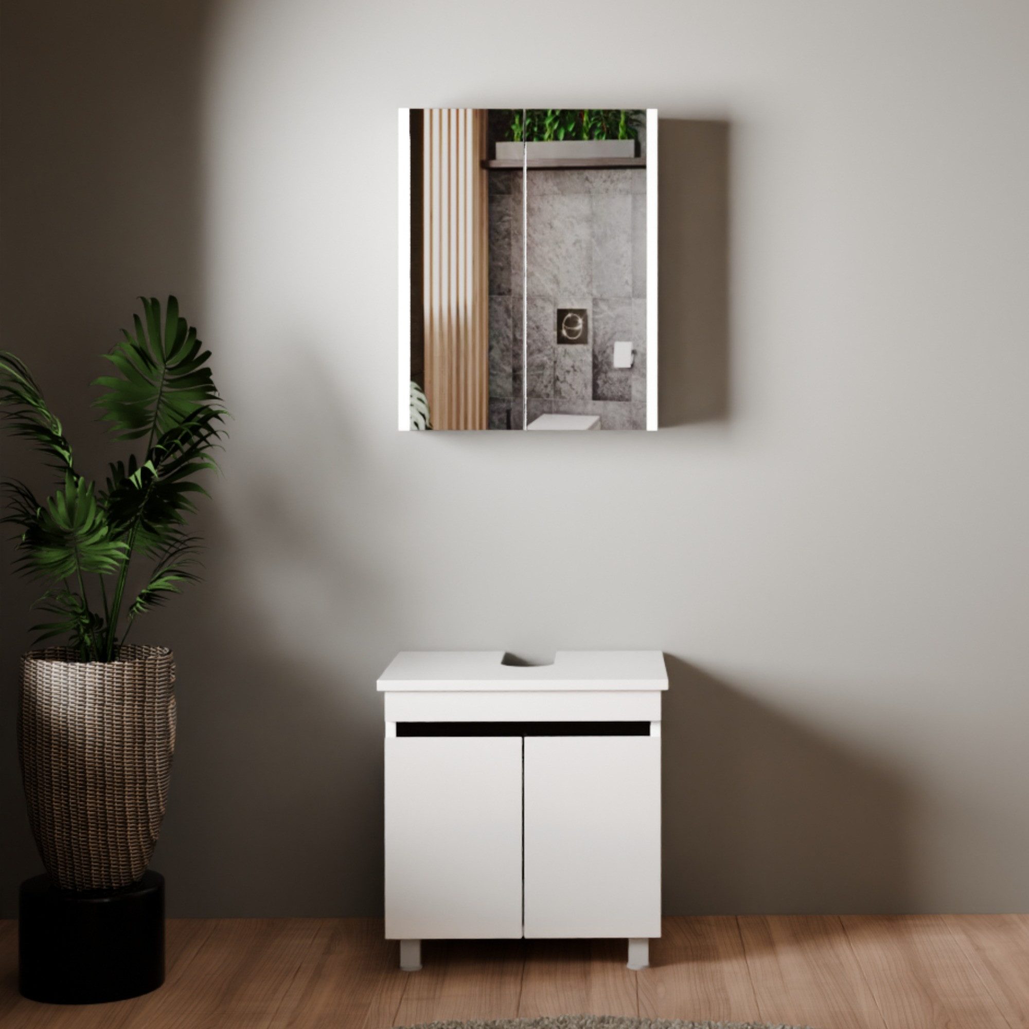 Karen Badmöbel-Set Stehendes Badmöbel Set Venus, (Badmöbel-Set, 2-Teilig (Unterschrank, Spiegelschrank), 2-St., Unterschrank mit Schubladen, Spiegel mit Regalen), Futuristisches Design, MDF Lam, Softclose, Highgloss