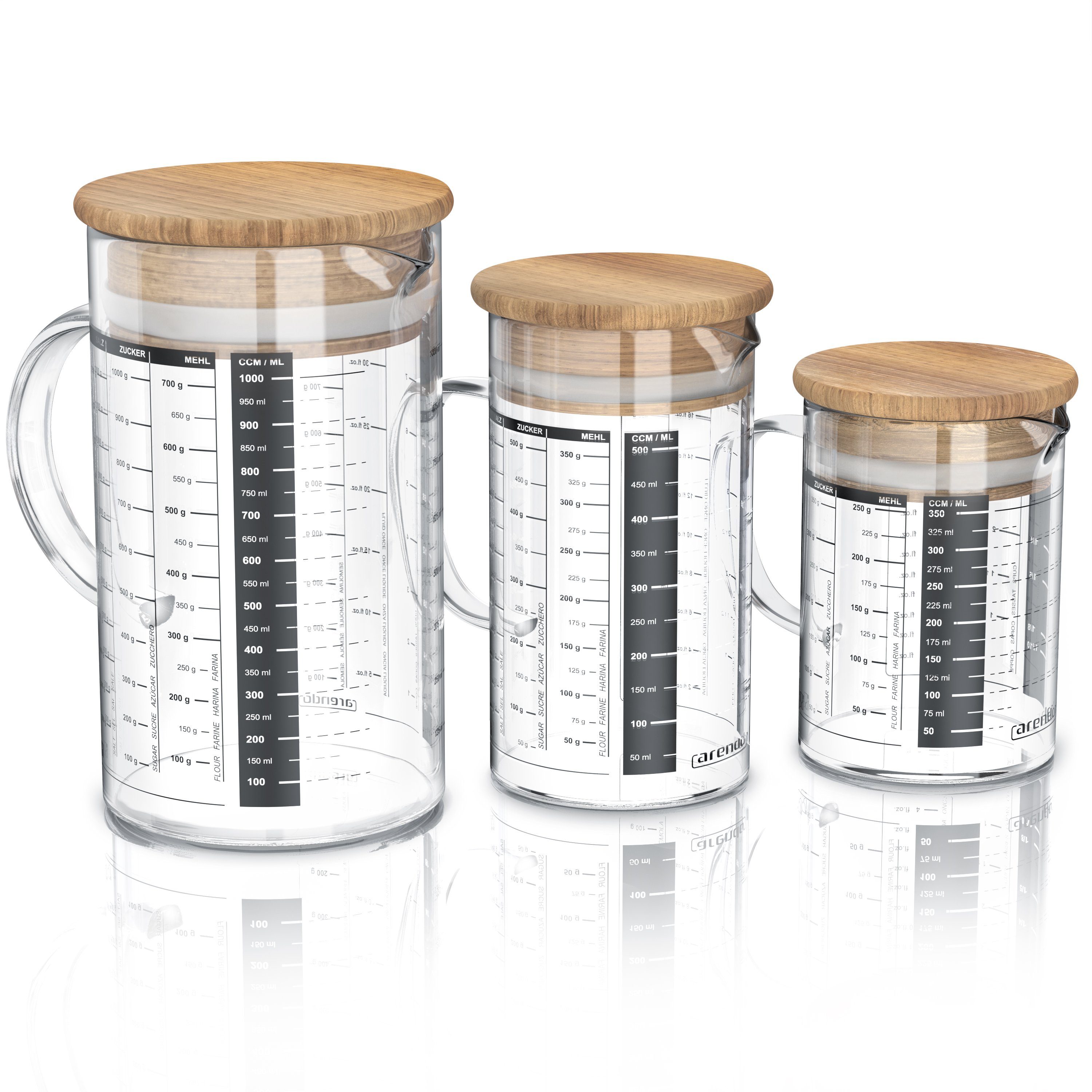 Arendo Messbecher 250ml, 500 ml & 1000 ml Glas Messkrug Set mit Bambusdeckel, luftdicht, Glas, (Set, 3-St), Küchenbehälter, Silikondichtung, für Mehl Zucker Gewürze Süßigkeiten