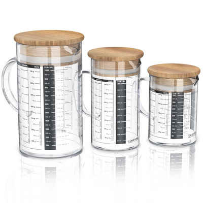 Arendo Messbecher 250ml, 500 ml & 1000 ml Glas Messkrug Set mit Bambusdeckel, luftdicht, Glas, (Set), Küchenbehälter, Silikondichtung, für Mehl Zucker Gewürze Süßigkeiten