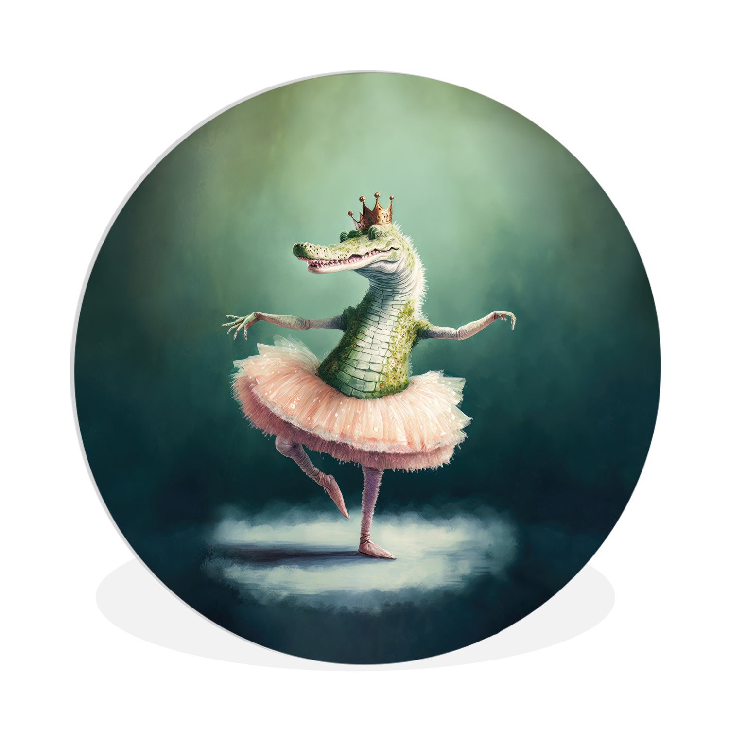 MuchoWow Gemälde Krokodil - Krone - Gold - Ballett - Porträt - Kinder, Fotodruck (1 St), Kreis Wanddekoration, Rundes Wandbild, 30x30 cm