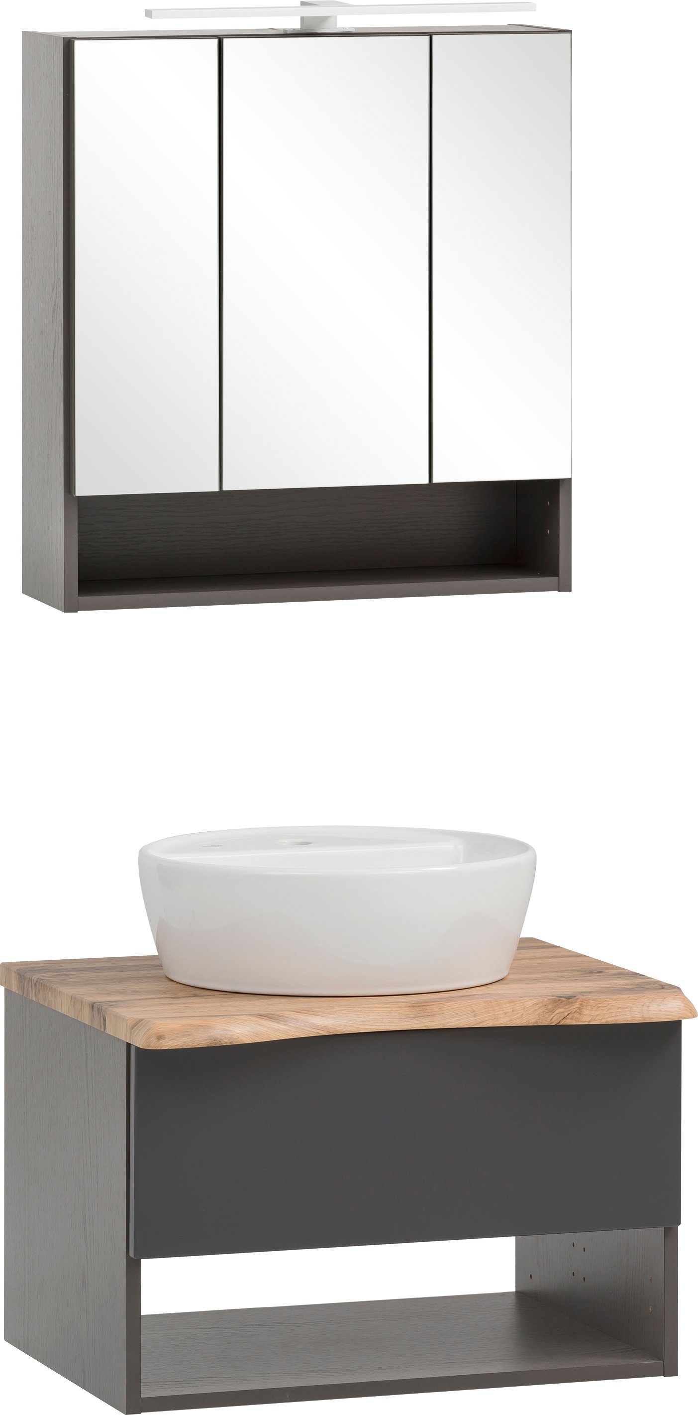 welltime Badmöbel-Set Stubach, (2-St., Spiegelschrank und Waschtisch), Abdeckplatte mit Baumkante