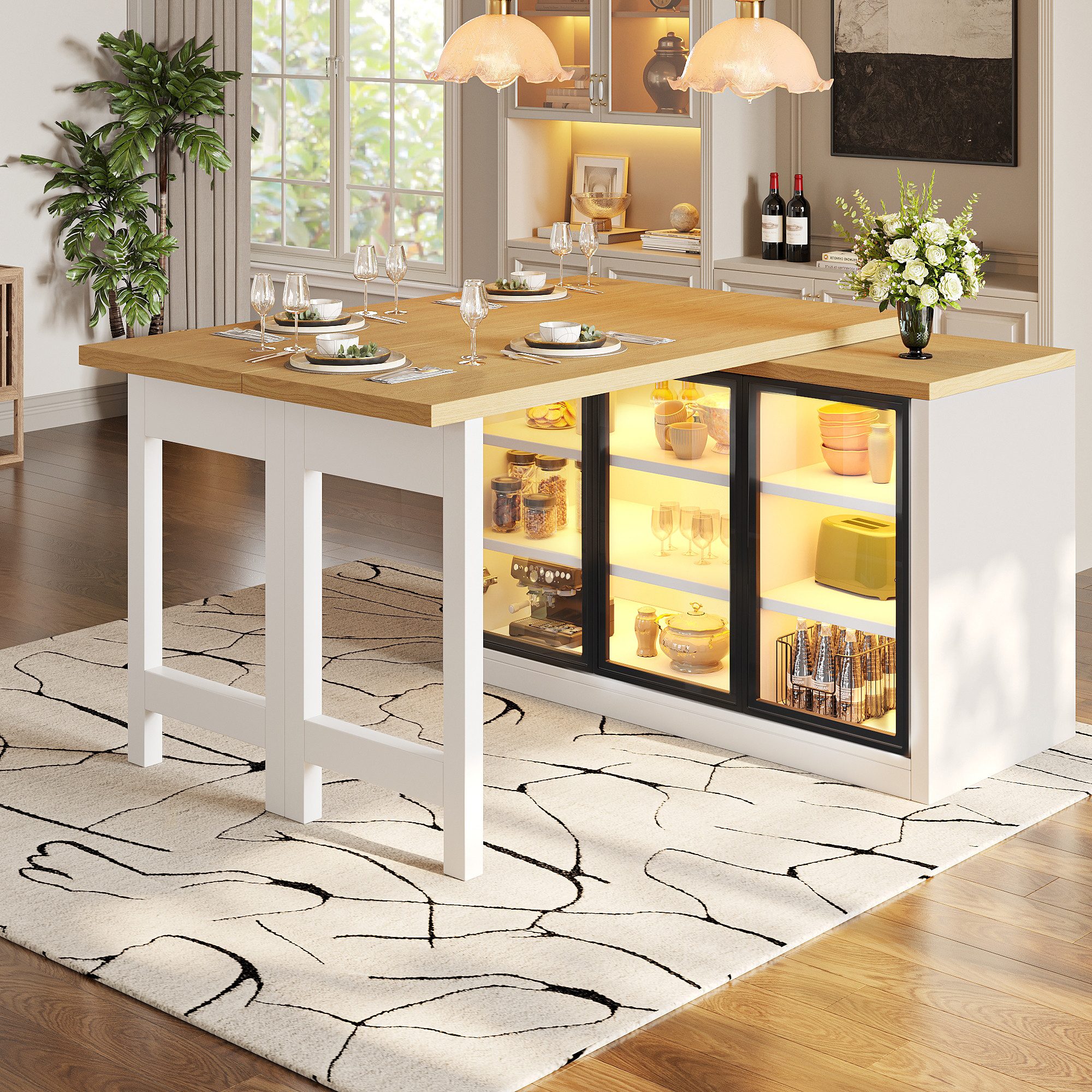 KLAM HOME Kücheninsel 360° drehbarer & ausziehbarer Esstisch mit smartem Lichtsystem, (Multifunktionale Kücheninsel Kombination mit …
