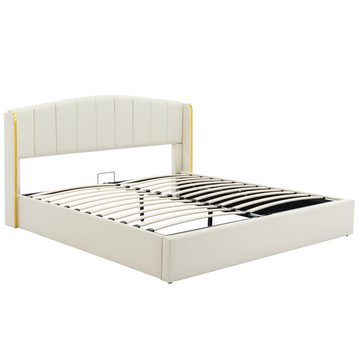 MODFU Polsterbett Hydraulisches Bett (140*200cm), mit goldgerandetes Ohrendesign, Bettkasten, Lattenrost und Kopfteil