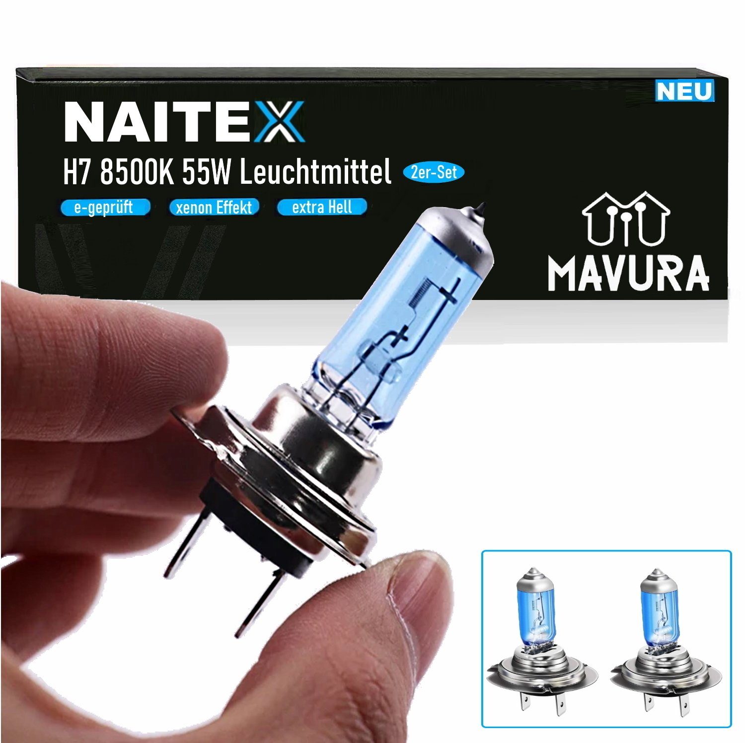 MAVURA Halogenlampe NAITEX SUPER WHITE H7 8500K 55W AUTO HALOGEN LAMPEN,  XENON LOOK EFFEKT BIRNEN LEUCHTEN [2er Set] E-GEPRÜFT