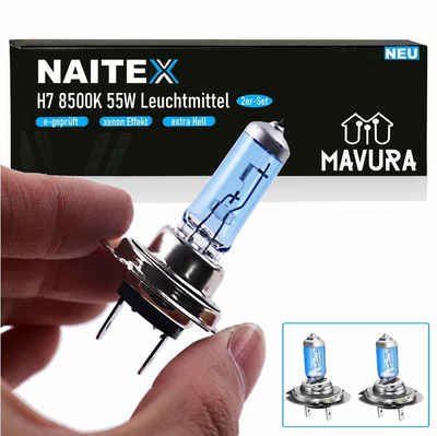 MAVURA Halogenlampe NAITEX SUPER WHITE H7 8500K 55W AUTO HALOGEN LAMPEN, XENON LOOK EFFEKT BIRNEN LEUCHTEN [2er Set] E-GEPRÜFT