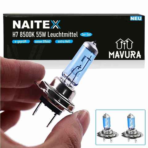 MAVURA Halogenlampe NAITEX SUPER WHITE H7 8500K 55W AUTO HALOGEN LAMPEN, XENON LOOK EFFEKT BIRNEN LEUCHTEN [2er Set] E-GEPRÜFT