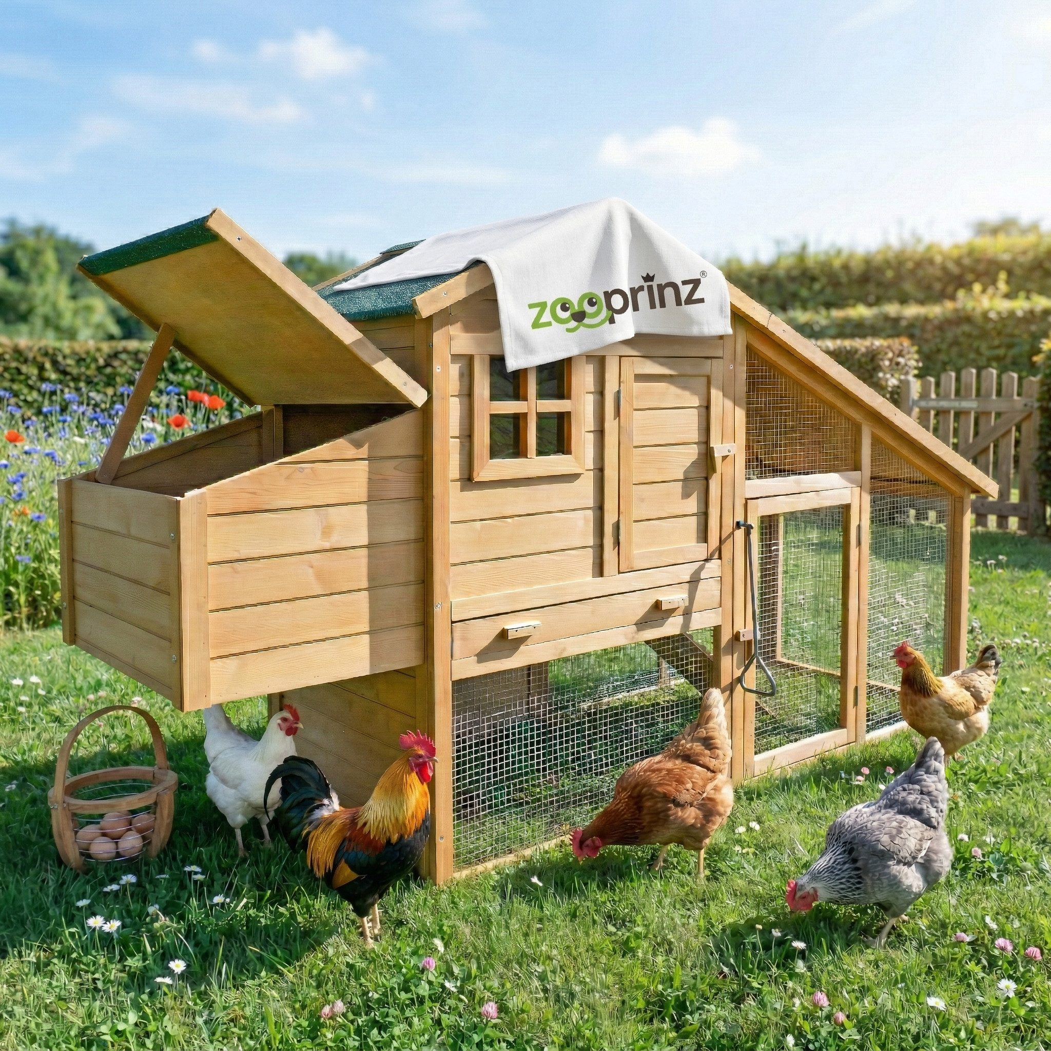 Zooprinz Hühnerstall Komfort mit Auslauf und Nistkasten, Bitumendach, Massives Kiefernholz