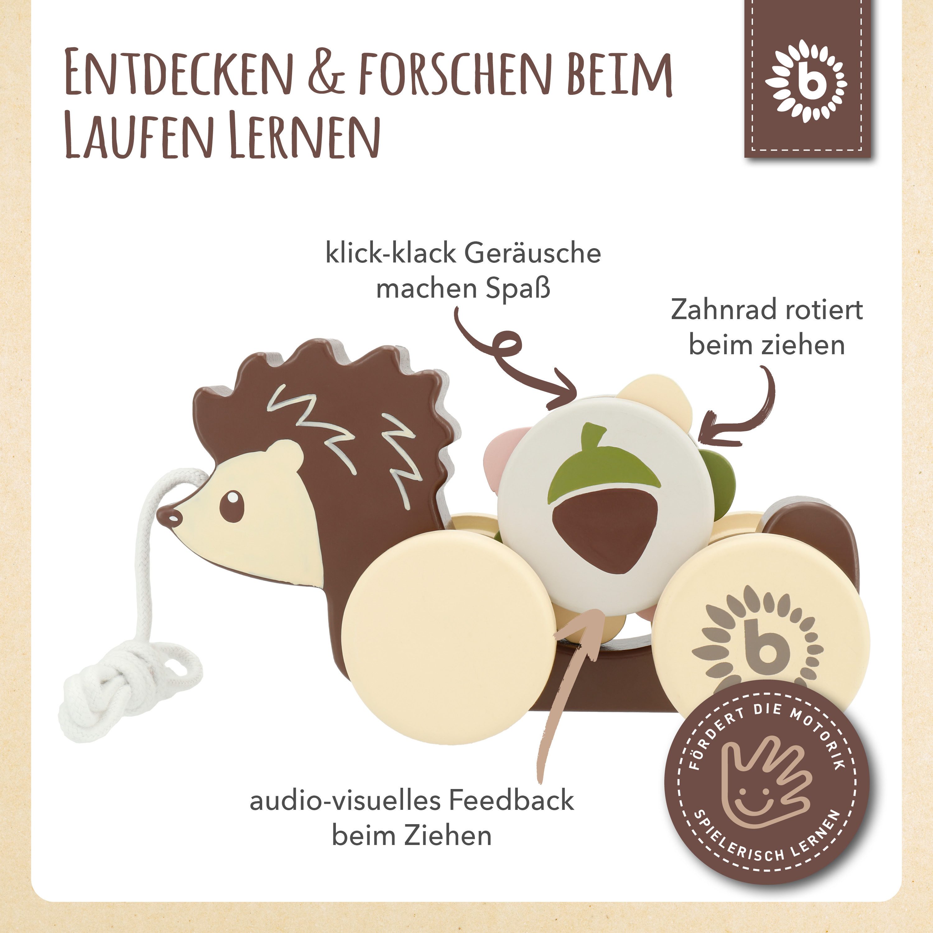BIECO Nachziehtier Nachziehspielzeug Holz Igel Kind Nachziehtier Wald ab 1 Jahr Ziehtier