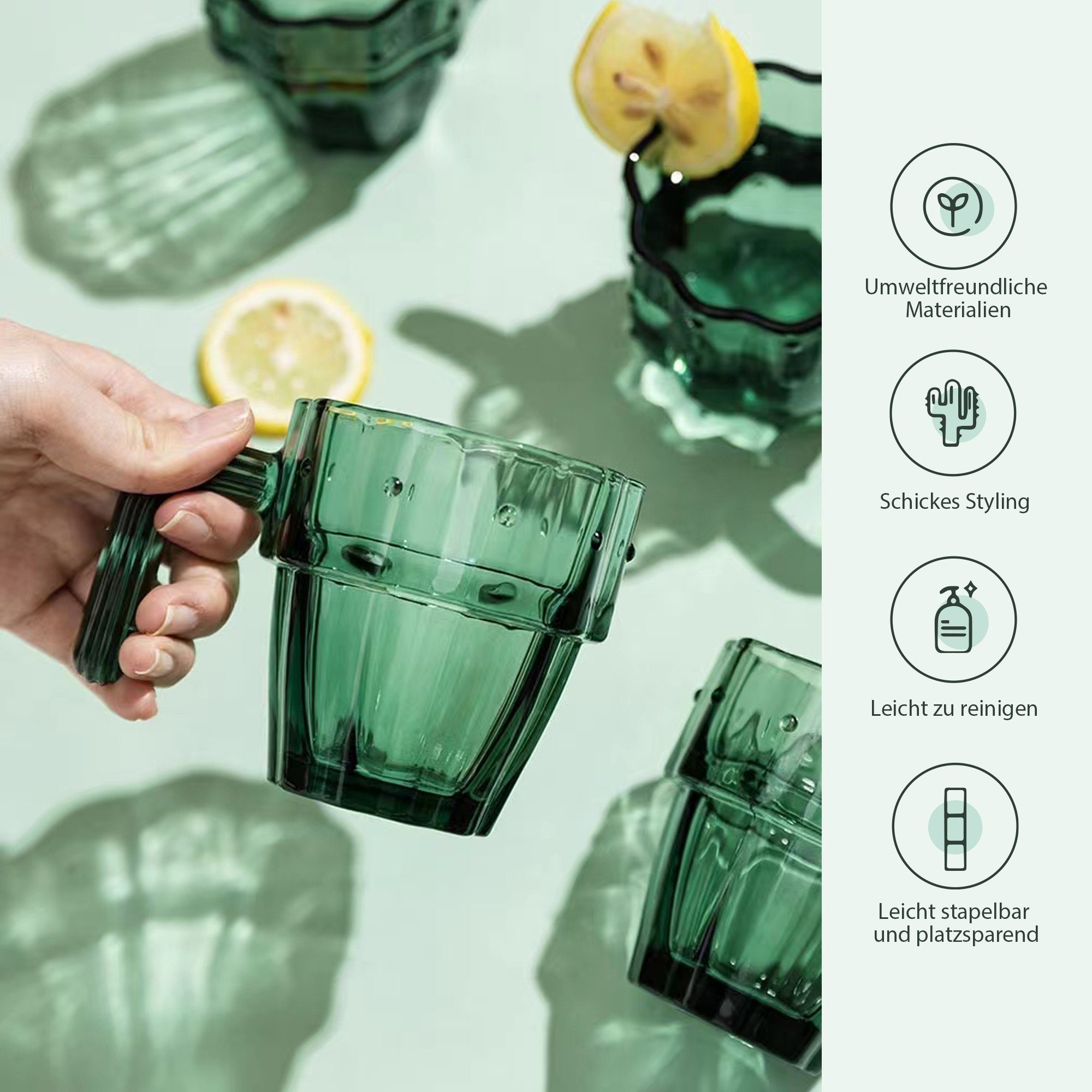 HomeGuru Glas Kaktusform,kreativ,Geschenk Wasserglas, Saftglas, stapelbar, Glas-Set