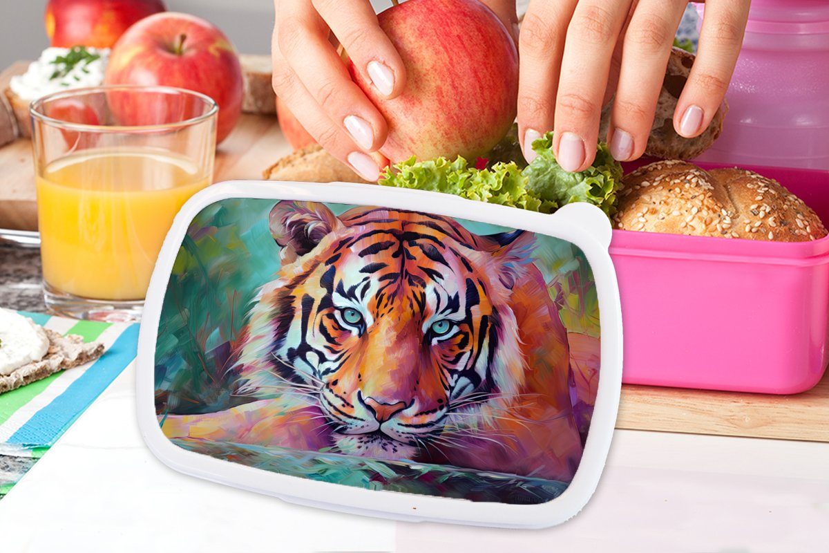 MuchoWow Lunchbox Tiger - - Ölfarbe für Kunststoff, - Erwachsene, (2-tlg), Mädchen, Kunststoff Snackbox, Kunst, Kinder, Brotbox Tiere rosa Brotdose