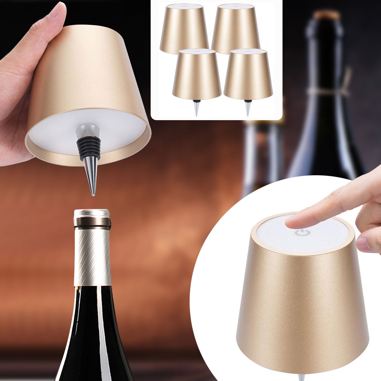 shop'n smile ideoon LED Tischleuchte Akku Flaschenlampe dimmbar LEDs in 3 Lichtfarben Ø 10,5 x14,5 cm Touch, LEDs mit 3 auswählbaren Lichtfarben, Kaltweiss / Warmweiss / Naturweiss, USB-C-Aufladung inkl. Kabel, Metall-Lampenschirm, in Gold