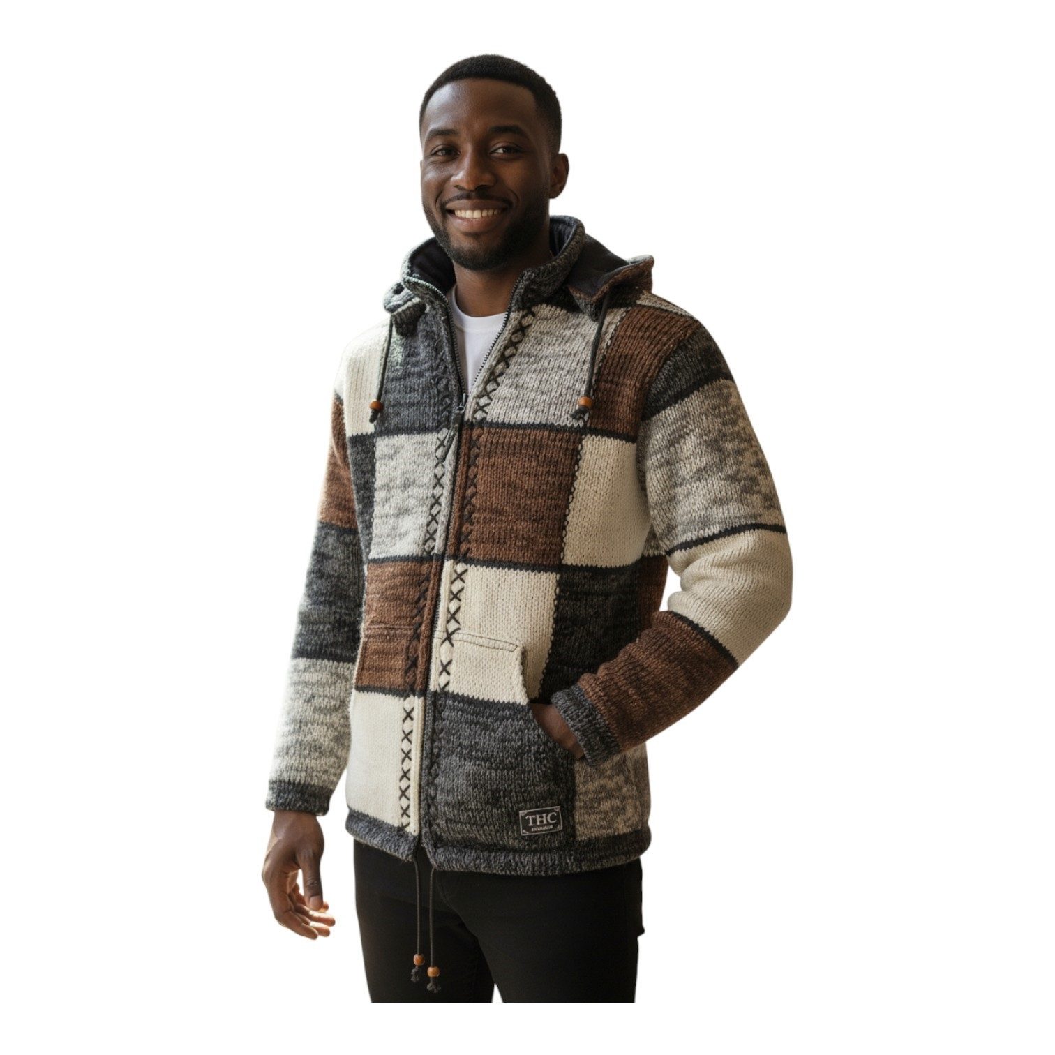 THC Natural Line Strickjacke THC Schafwollstrickjacke braune Quadrate 813 (1 Stück, 1-tlg., 1 Stück) Strickjacke mit abnehmbarer Kapuze – Bild 5 von 5